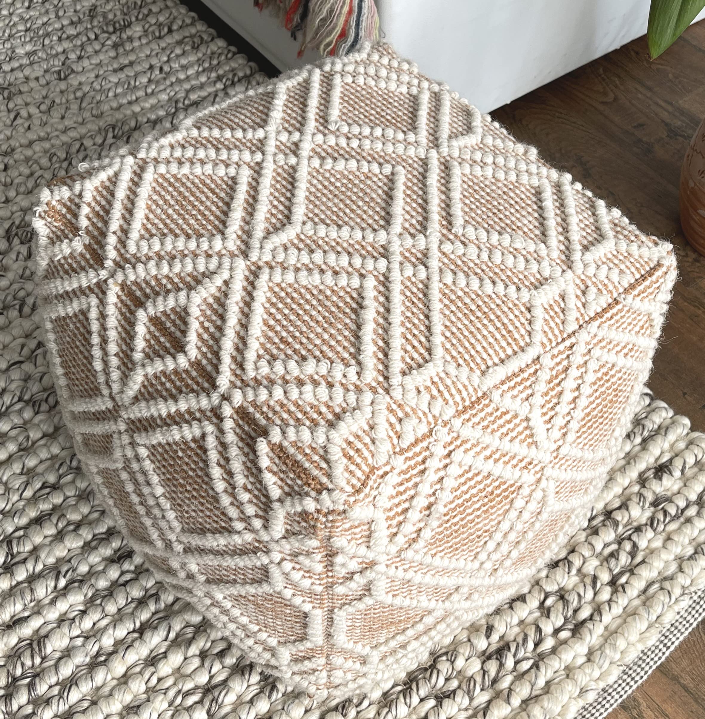 Handmade ADDO Wool & Cotton Natural Fiber Pouf Ottoman - Easy Maintenance Footstool for Living Room, Bedroom, Family Room - Tan - Perfect for Relaxing, Reading & Home Decor