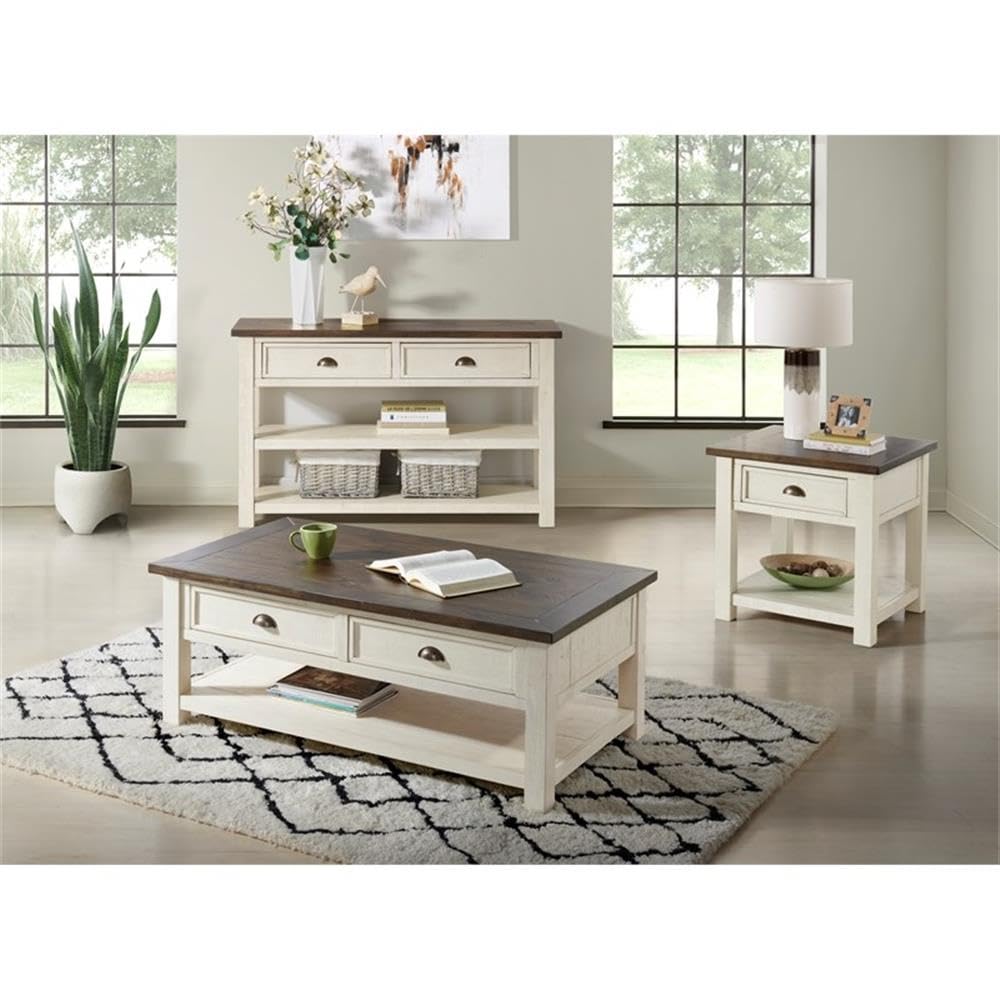 BOWERY HILL Farmhouse Wood 1 Drawer End Table - Cream White & Brown - Rustic Nightstand for Bedroom, Living Room, or Entryway