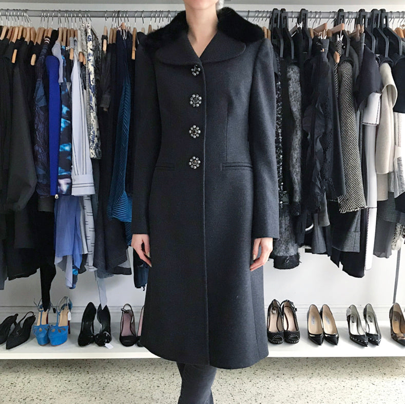 Dolce & Gabbana Charcoal Grey Wool Coat with Mink Fur Collar & Jewel Buttons - Luxury Winter Outerwear for Women's Formal Occasions & Evening Events
