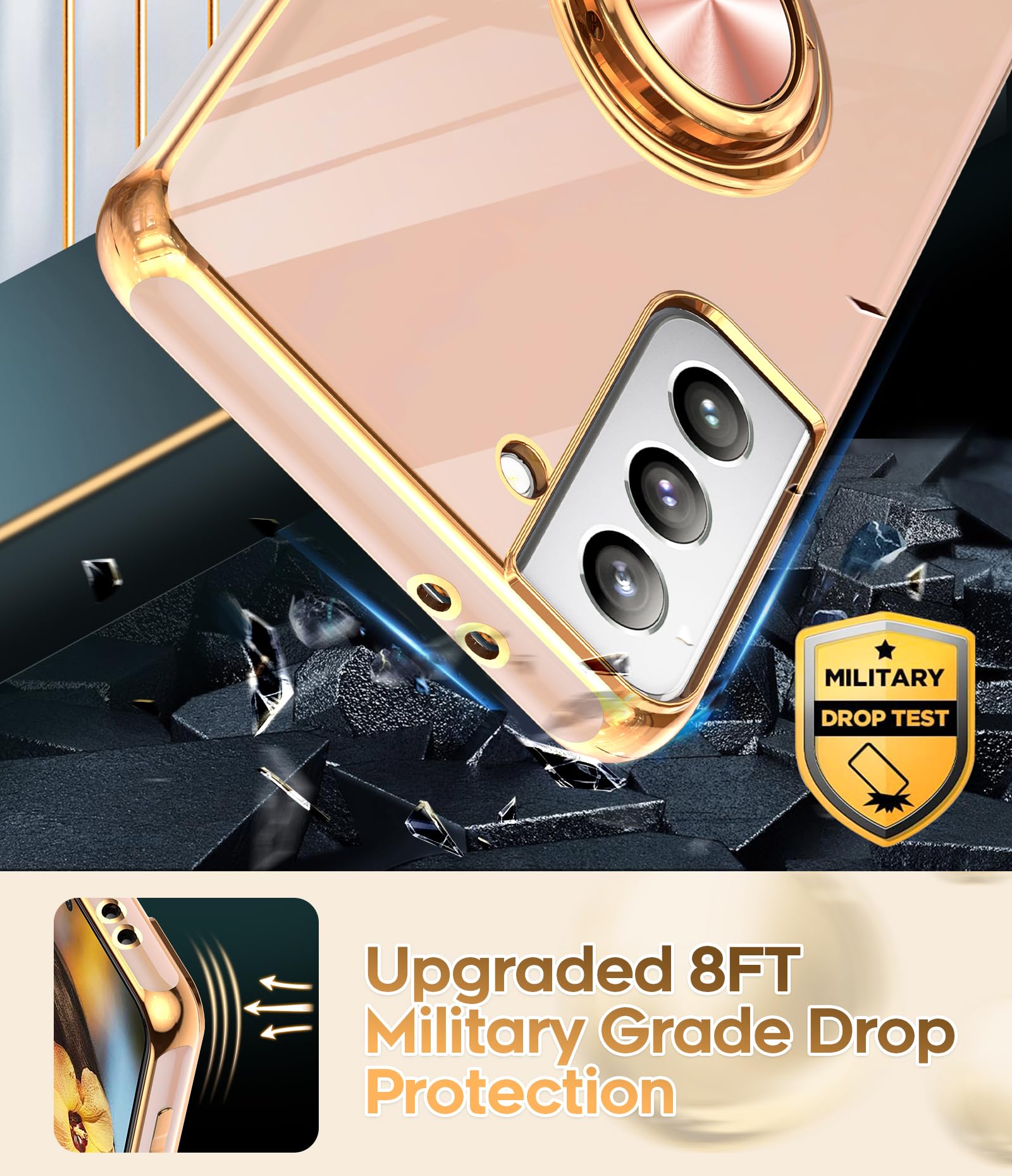 Samsung Galaxy S21 5G Case with 360° Rotating Ring Holder & Magnetic Car Mount - Soft Silicone TPU Protective Cover, Gold-Plated Fashion Phone Case for Women (Pink) - Perfect for Hands-Free Viewing, Driving & Selfies
