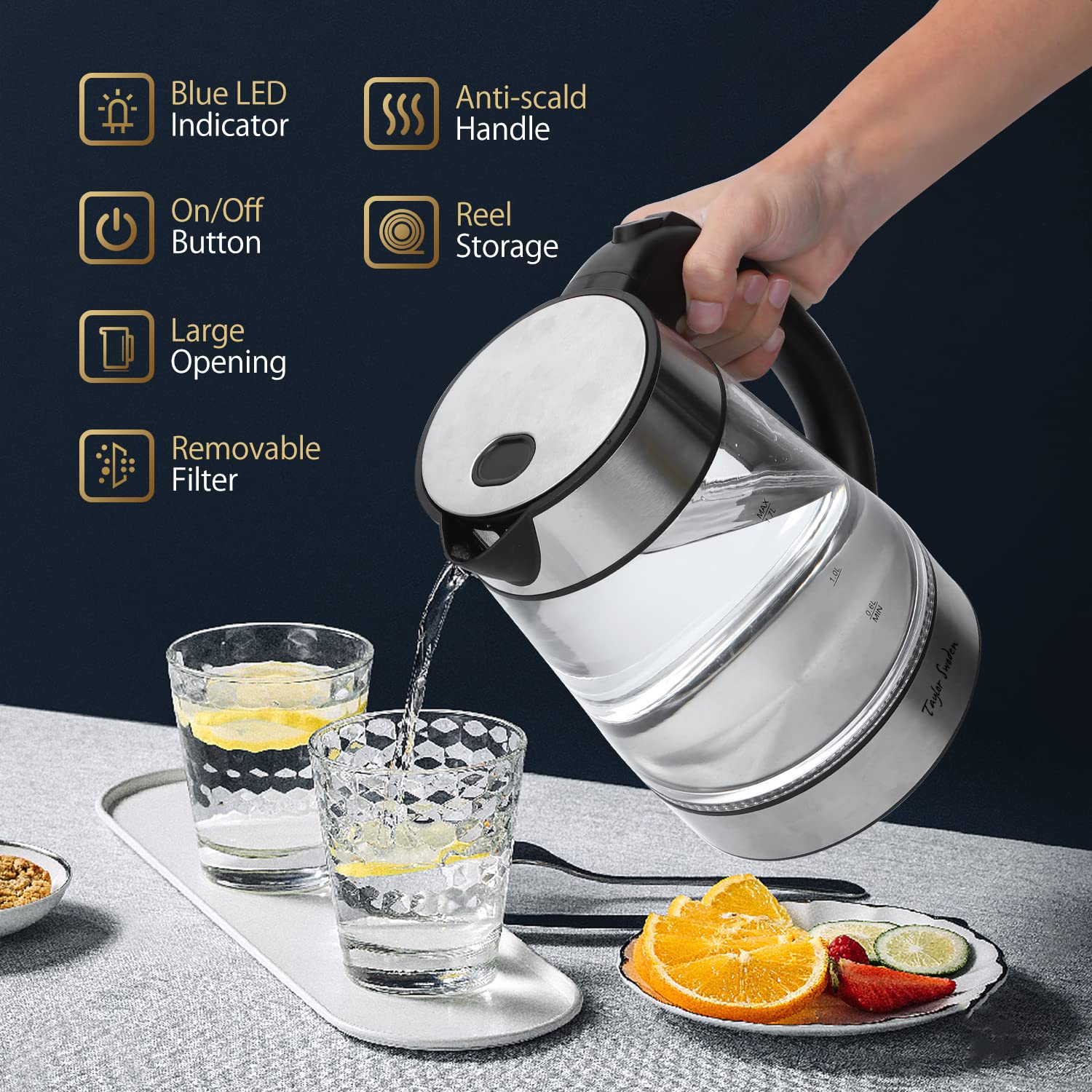 Taylor Swoden 1.7L Electric Glass Kettle - Fast Boiling Cordless Water Heater for Tea & Coffee with Auto Shut Off & Boil-Dry Protection - Perfect for Home, Office & Dorm Use