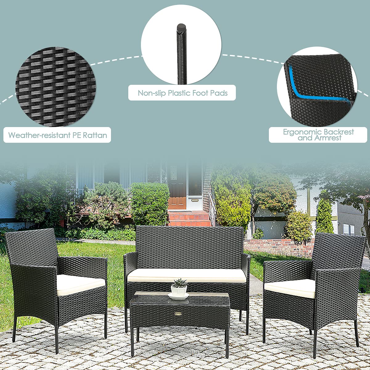 HAPPYGRILL 8-Piece Outdoor Patio Furniture Set - Rattan Wicker Conversation Sofa Set with Tempered Glass Table & Removable Cushions - Perfect for Poolside, Garden, Backyard, and Patio Relaxation