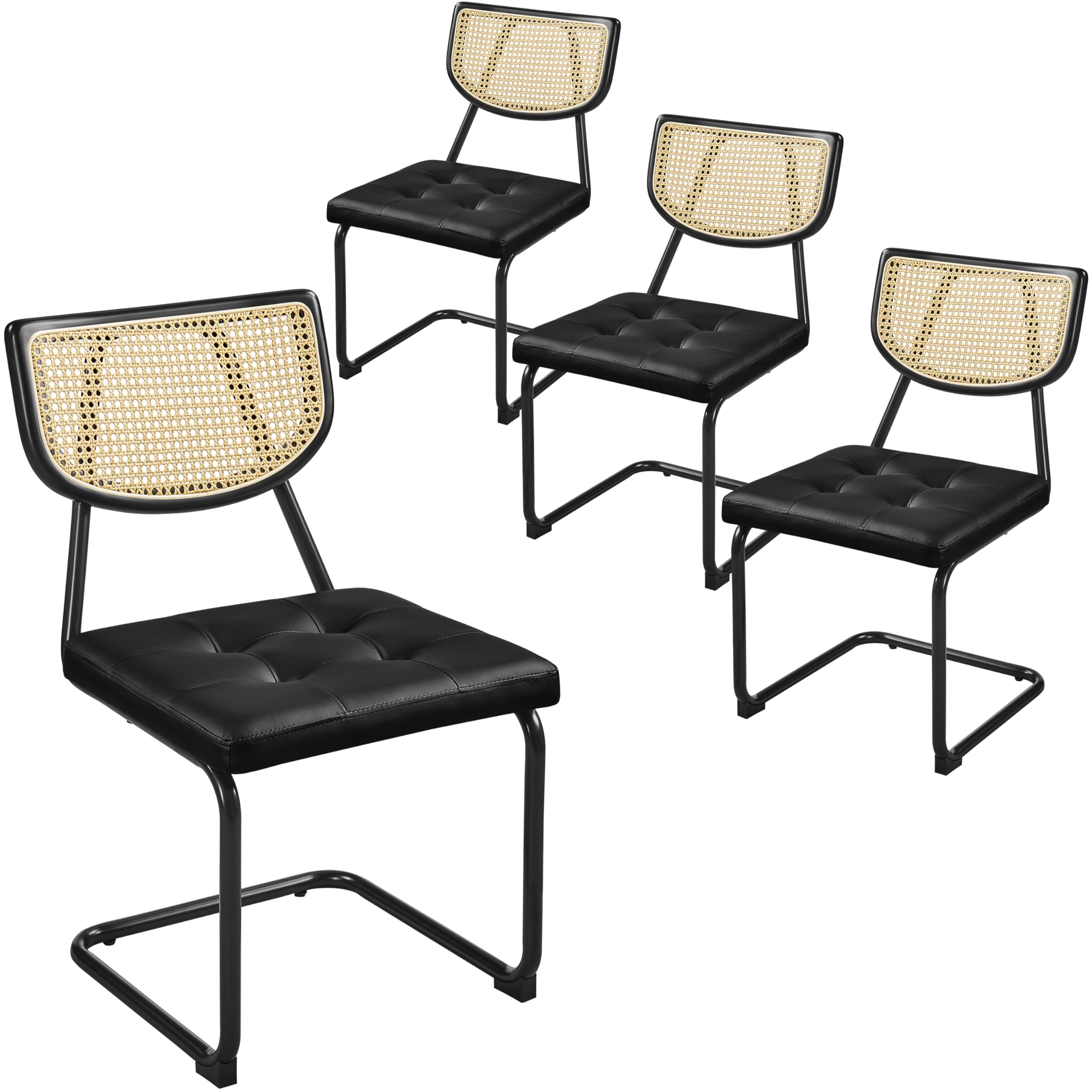 Yaheetech 4-Piece Rattan Dining Chair Set - Mid Century Modern Kitchen Chairs with Metal Legs & Upholstered Faux Leather Seat - Black Dining Room Chairs for Home, Kitchen, Living Room - Perfect for Indoor Dining, Entertaining & Small Space Decor