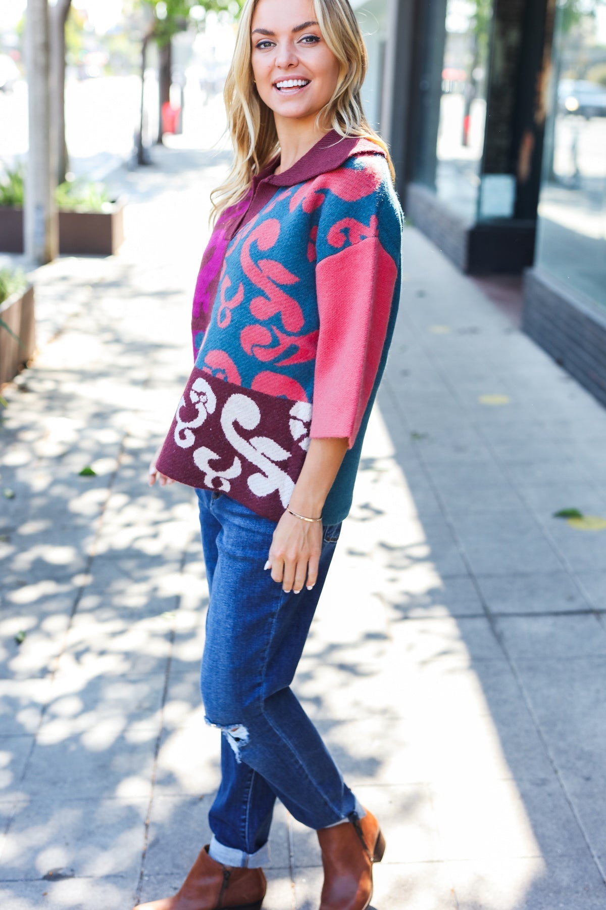 Stylish Wine Abstract Print Color Block Collar V-Neck Sweater for Women | Trendy Pullover for Fall & Winter | Perfect for Office, Date Night & Casual Outings