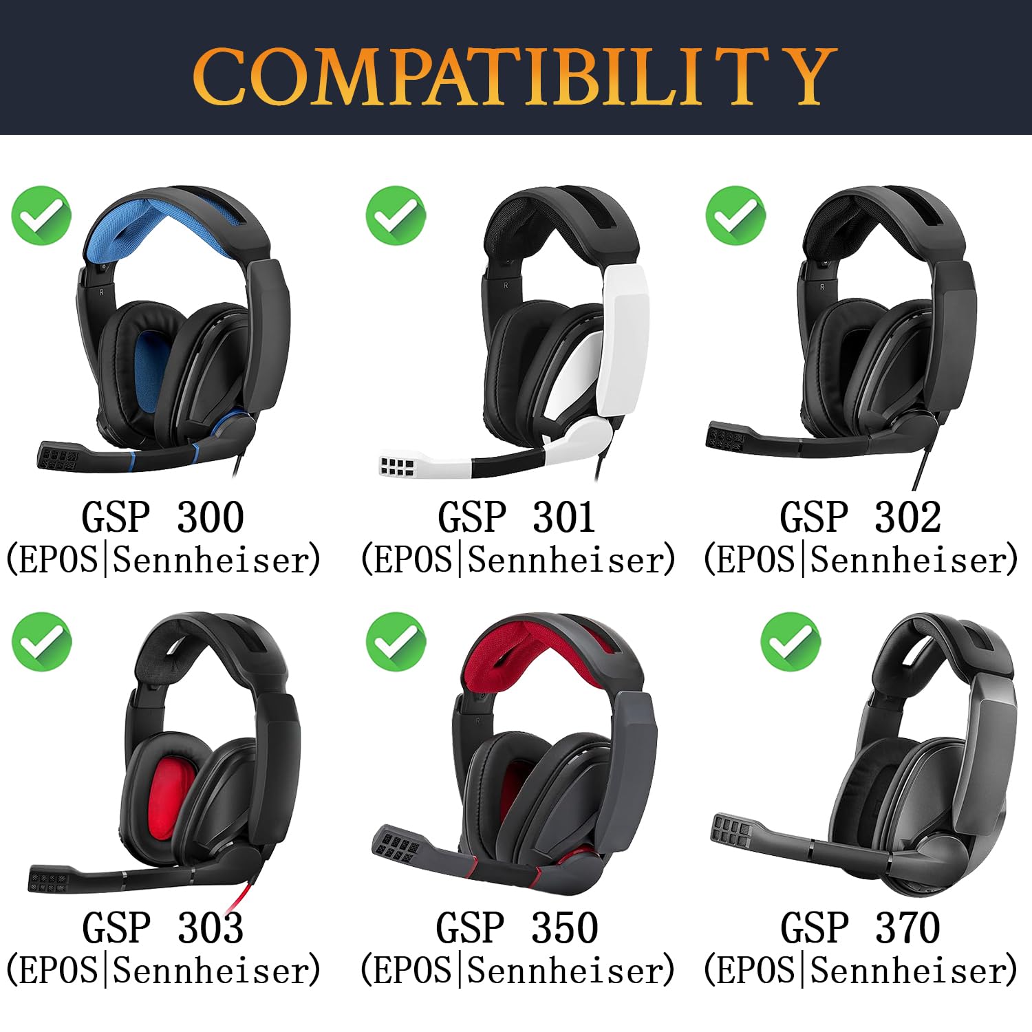 SOULWIT Replacement Ear Pads for Sennheiser GSP 370/350/303/302/301/300 Headphones - Noise Isolating Memory Foam Cushions (Black) - Perfect for Gaming, Music & Office Use