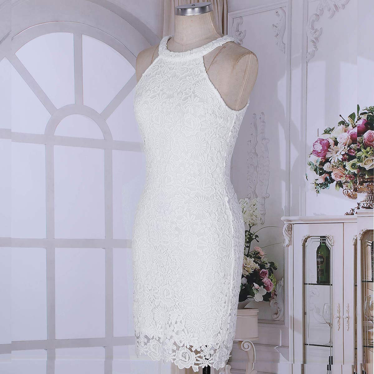 Elegant Women's Halter Neck Cocktail Dress - Sleeveless Floral Lace Bodycon Midi Dress for Bridesmaid, Wedding & Party | Perfect for Evening Events, Prom, Date Night & Special Occasions