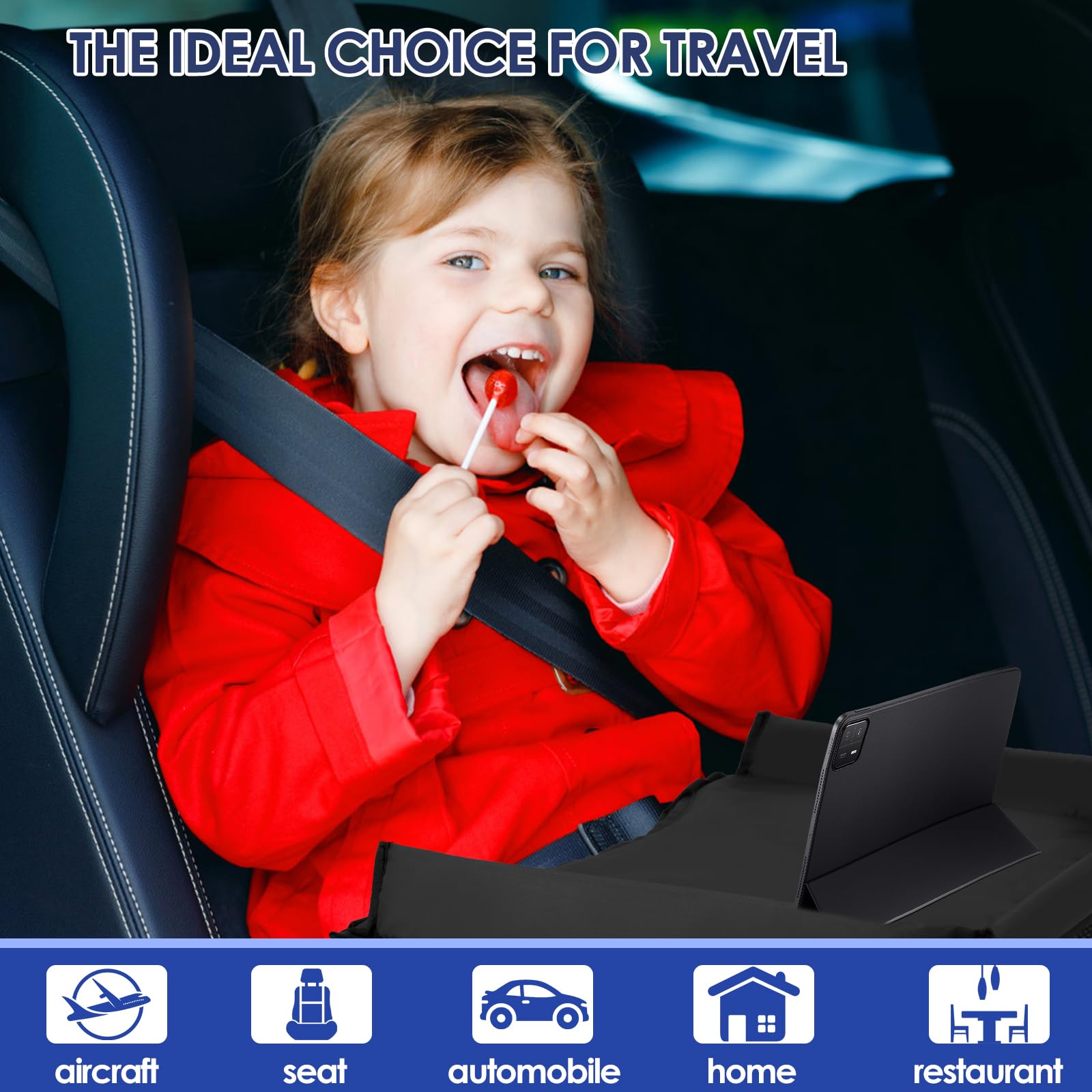 Portable Kids Travel Tray for Car Seat & Airplane - Adjustable Shoulder Strap with Storage Pocket - 15.7×12.6 Inch Toddler Lap Tray (Black) - Perfect for Road Trips, Flights & Meals On-The-Go