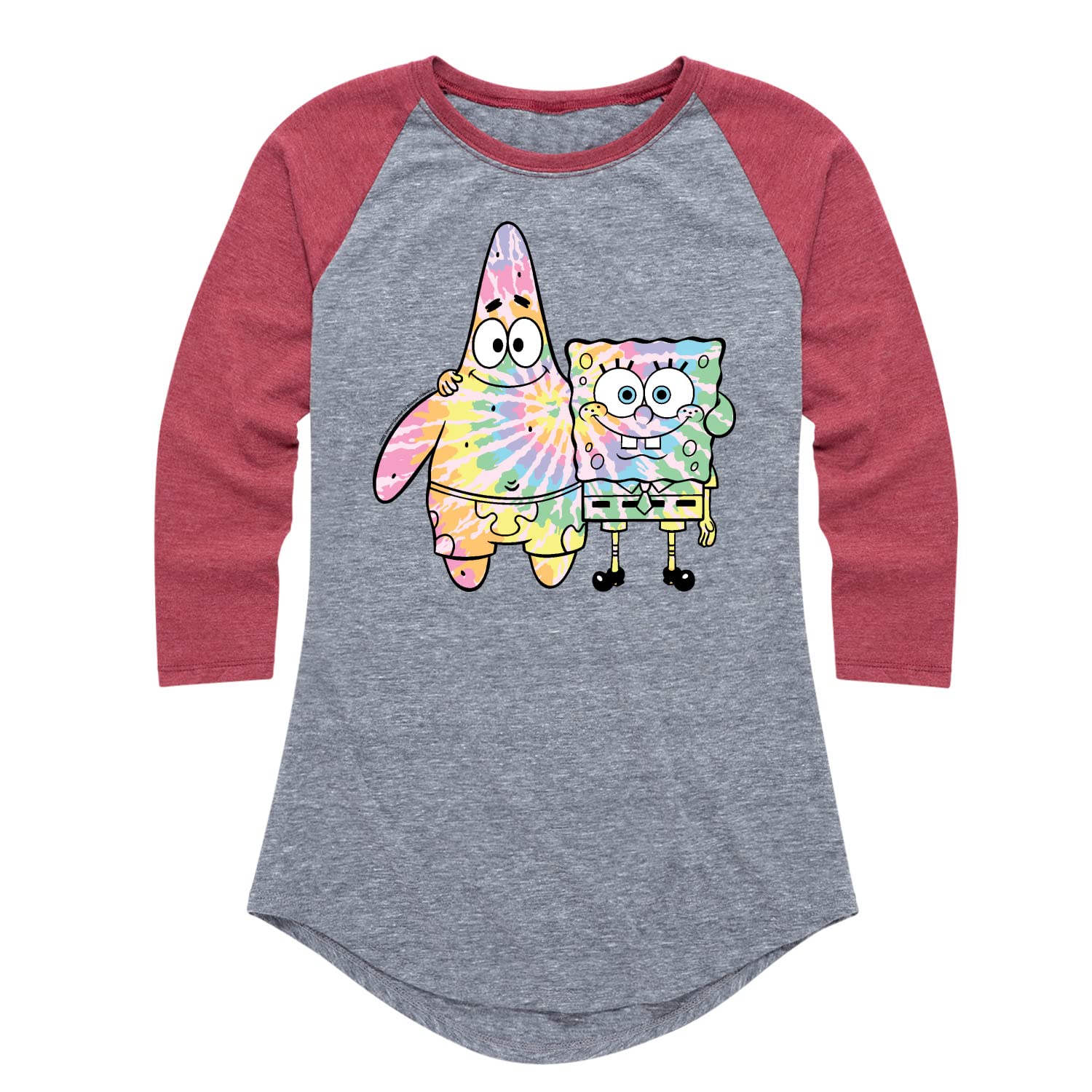 SpongeBob & Patrick Tie Dye Women's Raglan Graphic T-Shirt | Hybrid Apparel | Cartoon Character Tee for Casual Wear, Beach Outfits & Fan Merchandise