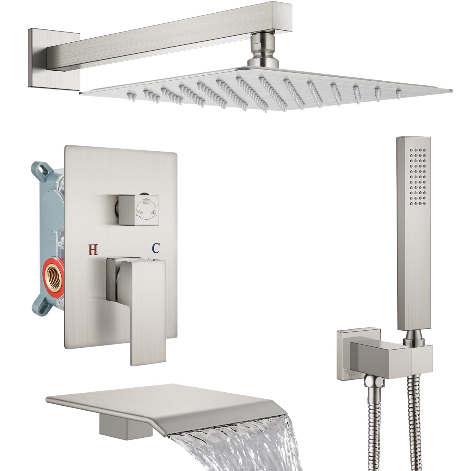 Midanya 10 Inch Square Rainfall Shower System - Brushed Nickel Tub Shower Faucet Set with Handheld Sprayer, Waterfall Tub Spout & Rough-in Valve - Perfect for Bathroom Renovation and Luxury Spa Experience