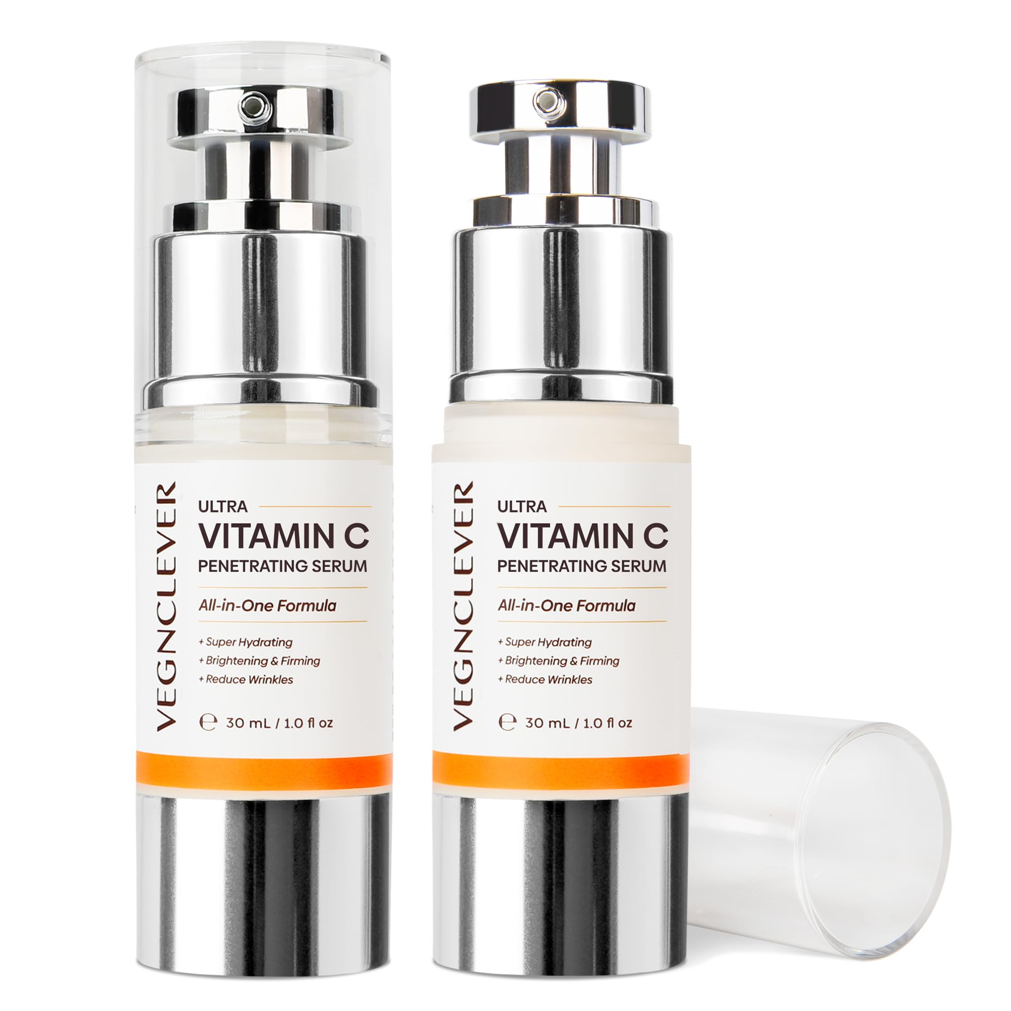 Vegnclever Super Vitamin C Serum - Anti-Aging Face Serum with Niacinamide, Collagen Peptides & Vitamin E | Brightening, Hydrating & Wrinkle Reducing | Day & Night Skincare Routine | 2 Pack