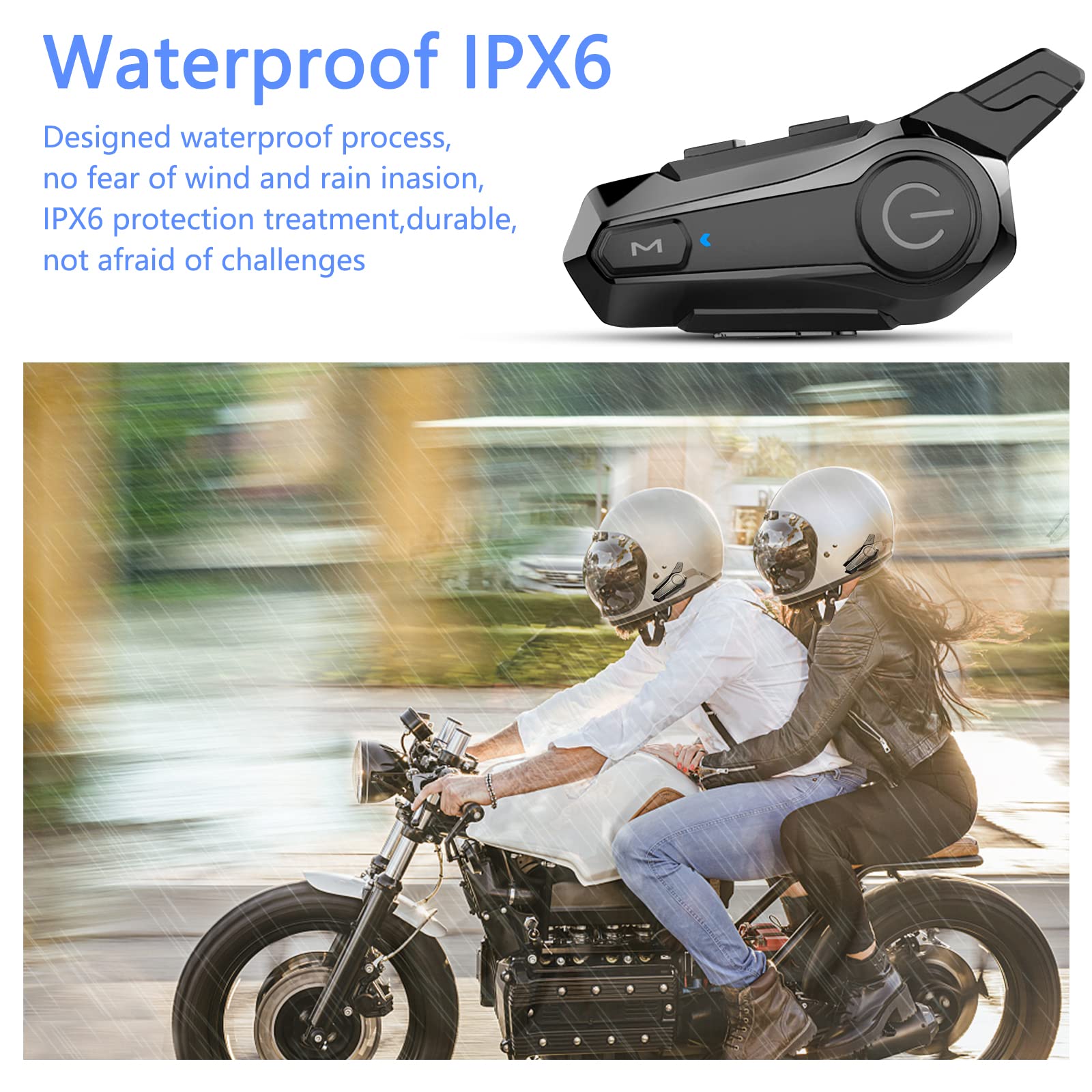 E1 Motorcycle Helmet Bluetooth Headset with CVC Noise Cancellation, Stereo Music & IPX6 Waterproof - Perfect for Full Face Helmets on Long Rides & Group Rides