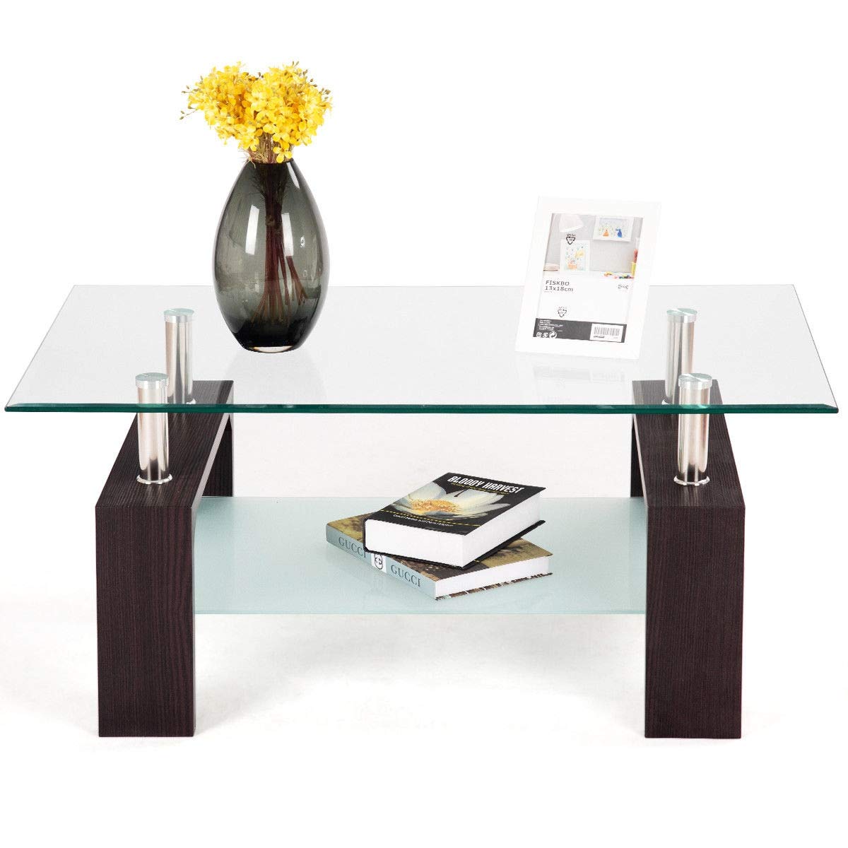 Modern 2-Tier Rectangular Coffee Table with Glass Top & Wood Legs - Vintage Cocktail Table with Storage Shelf, Red Brown - Perfect for Living Room, Lounge & Home Decor