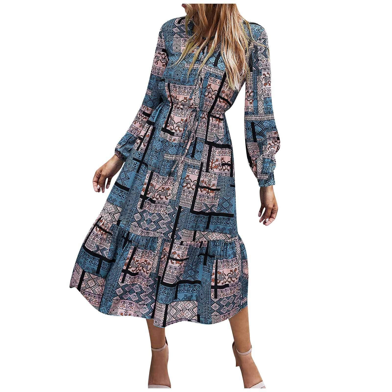 ZAJ Women's Bohemian Floral Print Long Dress - High Waist V-Neck Maxi Dress for Autumn Winter, Casual & Office Wear, Arabian Style Robe (Blue, Small) - Perfect for Boho Parties, Beach Vacations & Everyday Elegance