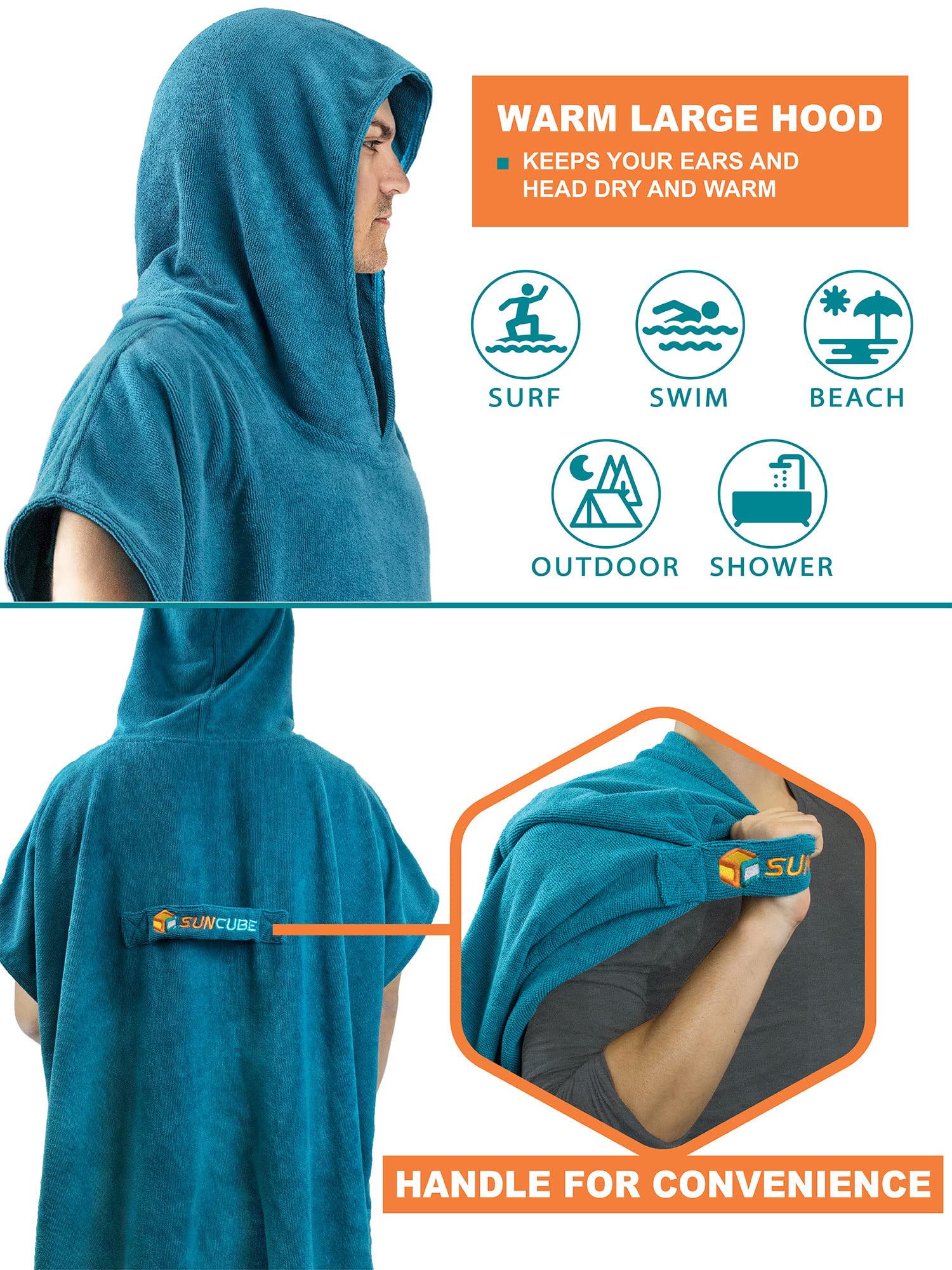 **SUN CUBE Surf Poncho Changing Robe with Hood - Quick Dry Microfiber Wetsuit Towel with Pocket for Men & Women - Perfect for Surfing, Beach, Swimming & Outdoor Activities**