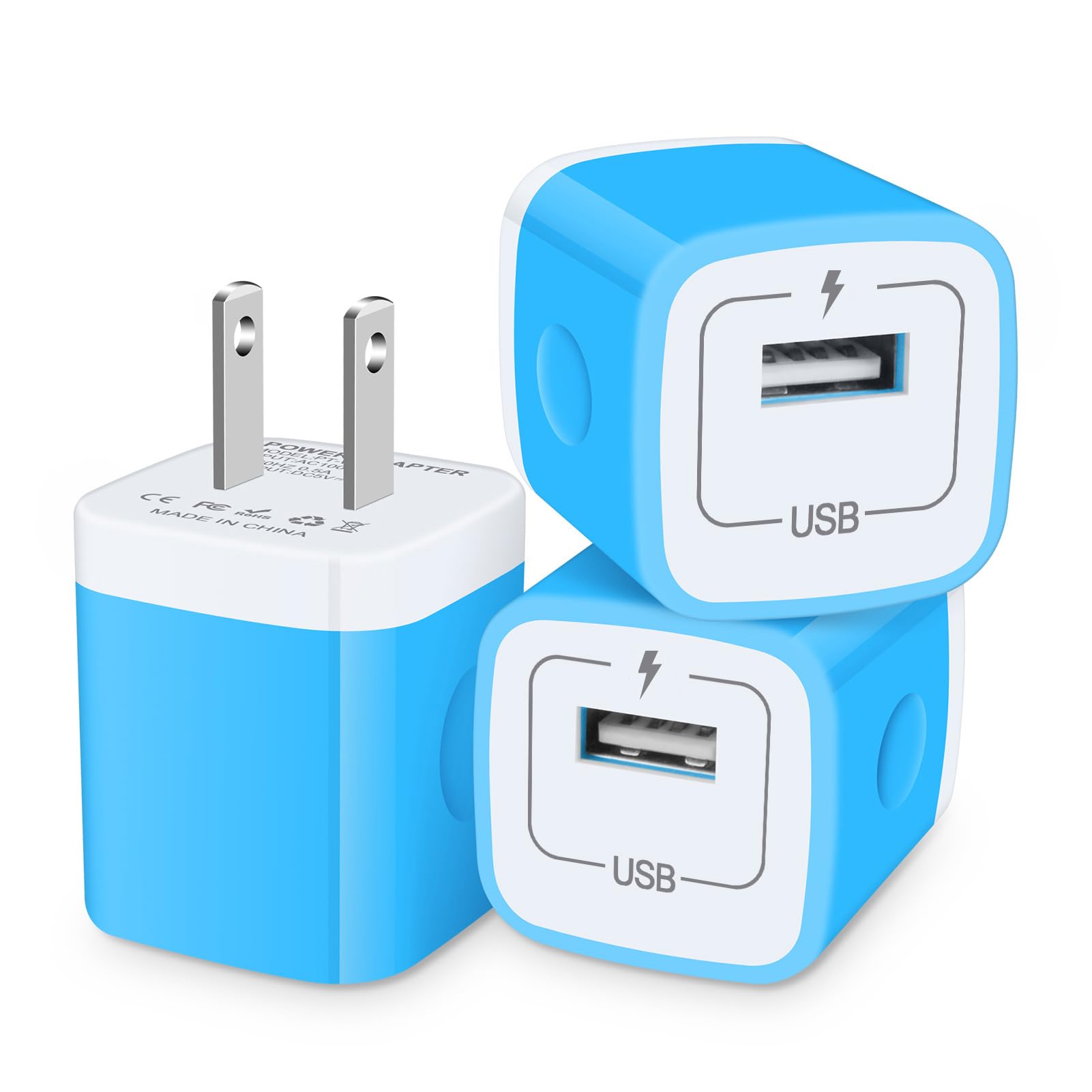 3-Pack Fast USB Wall Charger Block 5V/2.1A - Compatible with iPhone 15 14 13 12 11 Pro Max SE XR XS X, Samsung Galaxy S23 S22 A54 Note 20, LG, Google Pixel 8 - Quick Charging Cube Plug for Home, Office & Travel