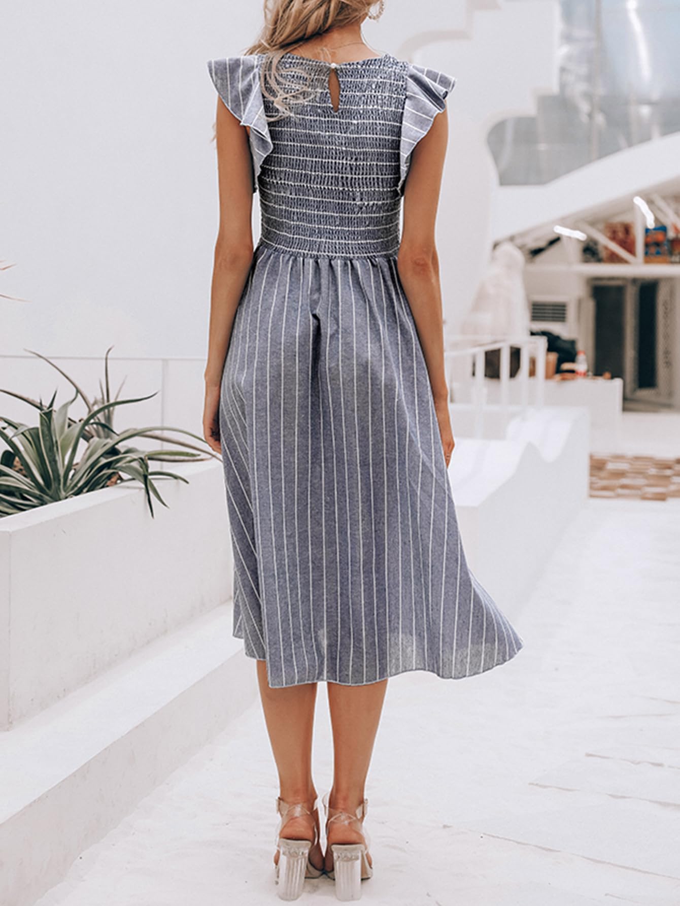 Miessial Women's Casual Summer Midi Dress - Short Sleeve Smocked Linen Boho Dress with Pockets | Beach Wedding Guest Outfit, Vacation Wear & Everyday Summer Dress 2025
