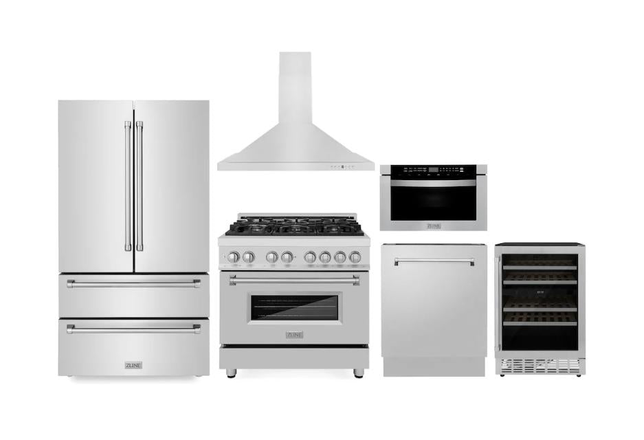 ZLINE 36-Inch Stainless Steel Dual Fuel Range Kitchen Package with Range Hood, Microwave Drawer, Dishwasher & Wine Cooler - Premium Appliance Bundle for Modern Kitchens | Perfect for Home Chefs & Entertaining