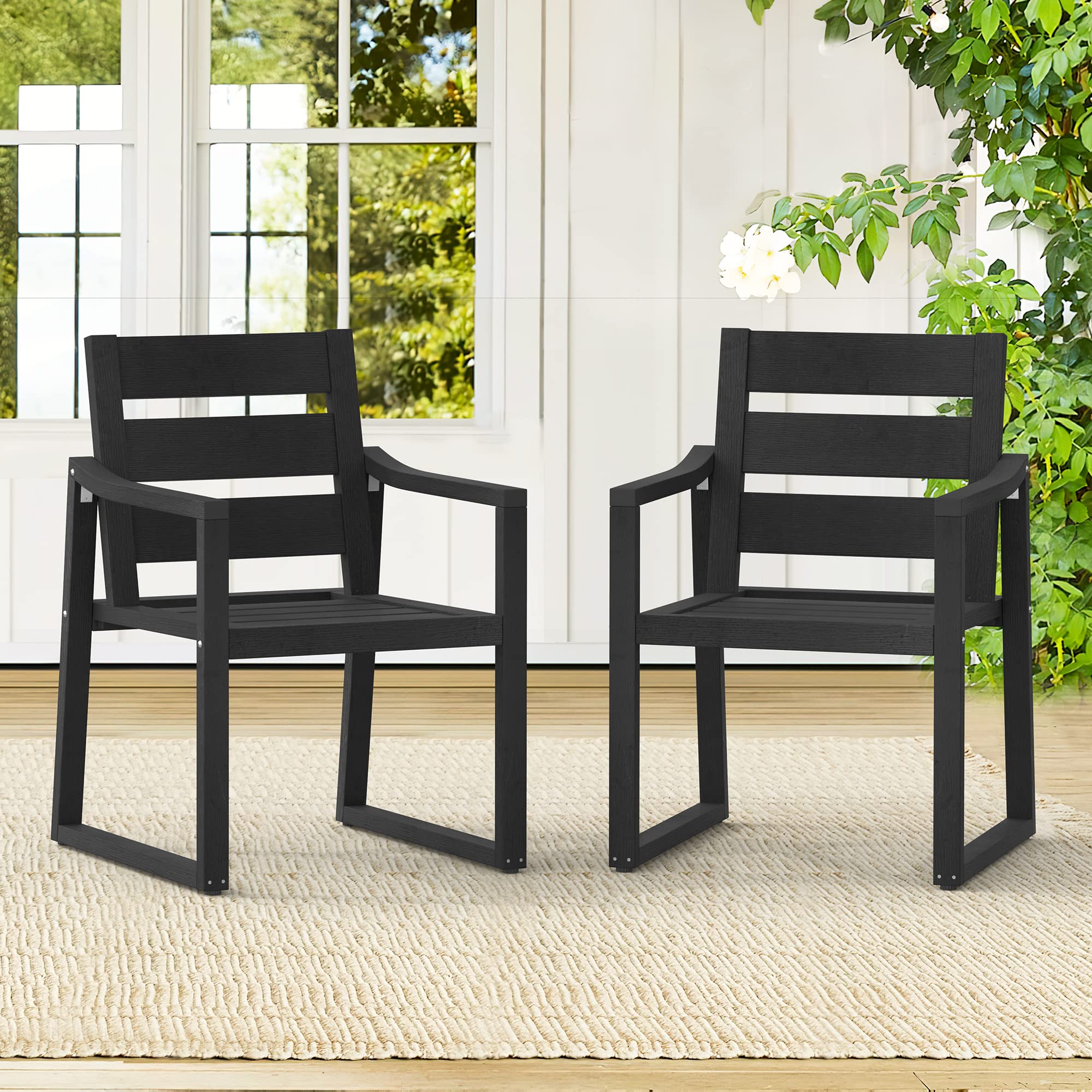 Heavy Duty HDPS Outdoor Dining Chairs 350LBS Capacity - All Weather Patio Chairs with Armrests & Square Frame Legs for Backyard, Garden, Lawn, Indoor/Outdoor Use - Perfect for BBQs, Poolside Relaxing & Outdoor Entertaining (Black)