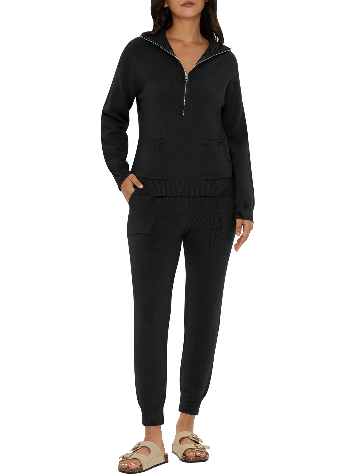 DEEP SELF Women's 2-Piece Sweater Set - Long Sleeve Half Zip Pullover & Jogger Pants Lounge Outfit with Pockets | Cozy Winter Outfit, Casual Loungewear, Home & Office Wear
