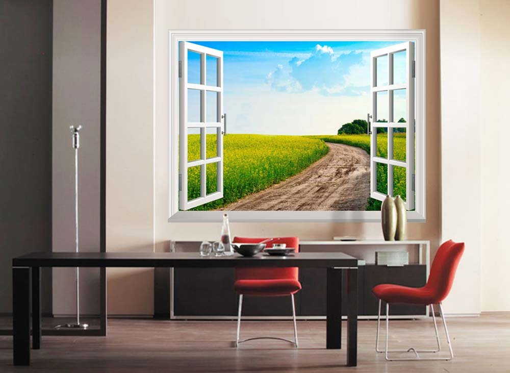 Wall26 Removable Wall Sticker & Mural - Peaceful Summer Countryside Landscape with Field and Rural Road | Creative Window View Home Decor for Living Room, Bedroom, Nursery | 36x48 Inch Peel and Stick Wall Art