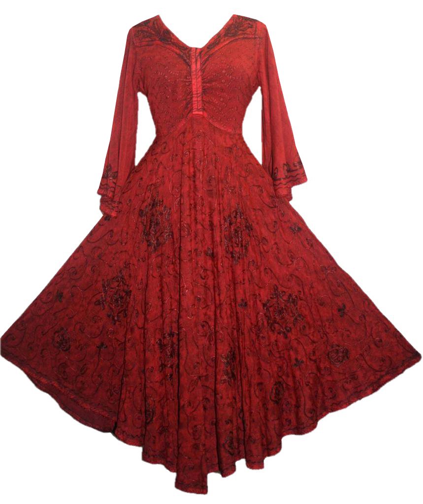 Agan Traders 206 DR Bohemian Medieval Bell Sleeve Embroidered Flare Hem Formal Dress Gown - Elegant Vintage Costume for Renaissance Fairs, Weddings & Themed Parties