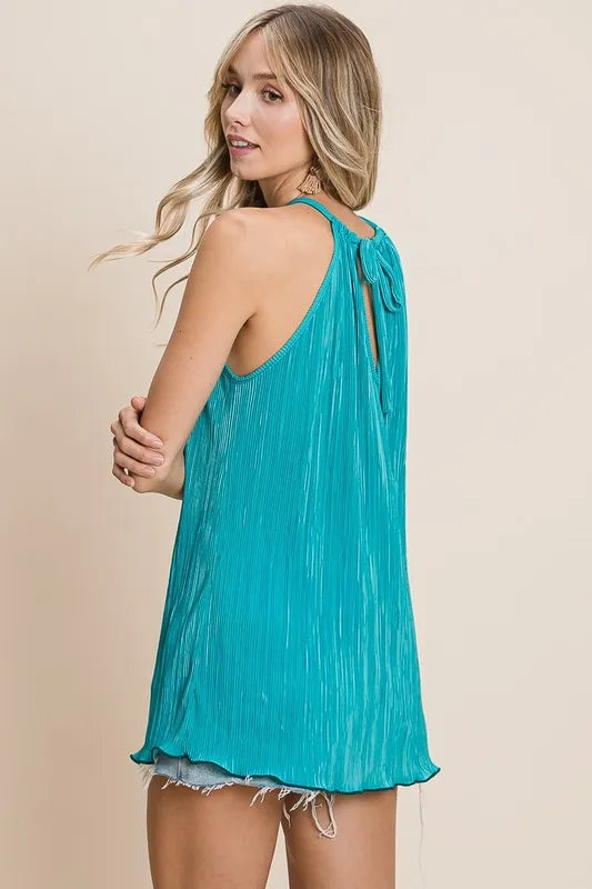 Stylish Bibi Pleating Knit Halter Neck Top in Teal - Perfect for Summer Outfits, Beach Wear & Casual Date Nights