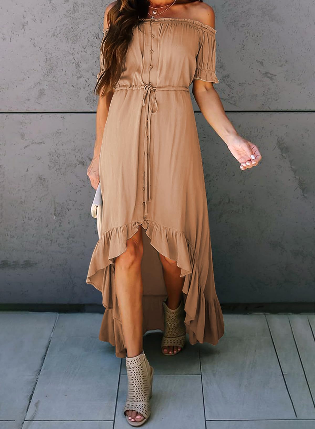 Dokotoo Women's 2025 Off-Shoulder Casual Short Sleeve High-Low Maxi Dress - Solid Color Cocktail Skater Dress for Summer Beach, Party & Vacation