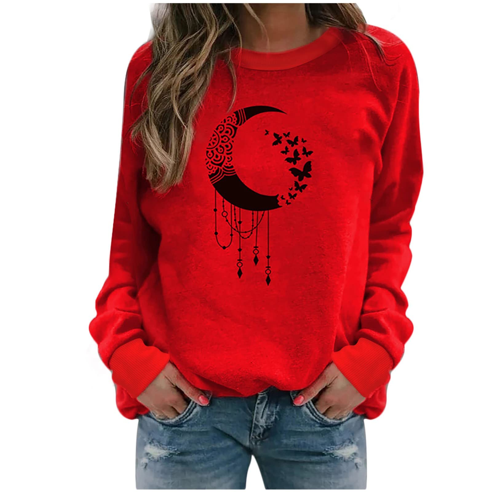 Women's Long Sleeve T-Shirt with Stylish Moon Print - Fashion Fall Crewneck Blouse for Casual & Dressy Wear | Perfect for Office, Date Night & Autumn Outfits
