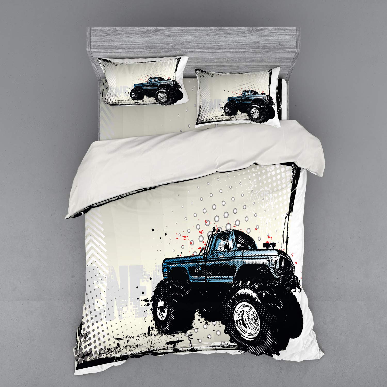 Ambesonne Monster Truck Duvet Cover Set - 4 Piece Queen Size Bedding with Halftone Pattern & Color Splashed Frame (Ivory Blue Black) - Perfect for Boys' Room, Teen Bedroom & Truck Lovers' Home Decor