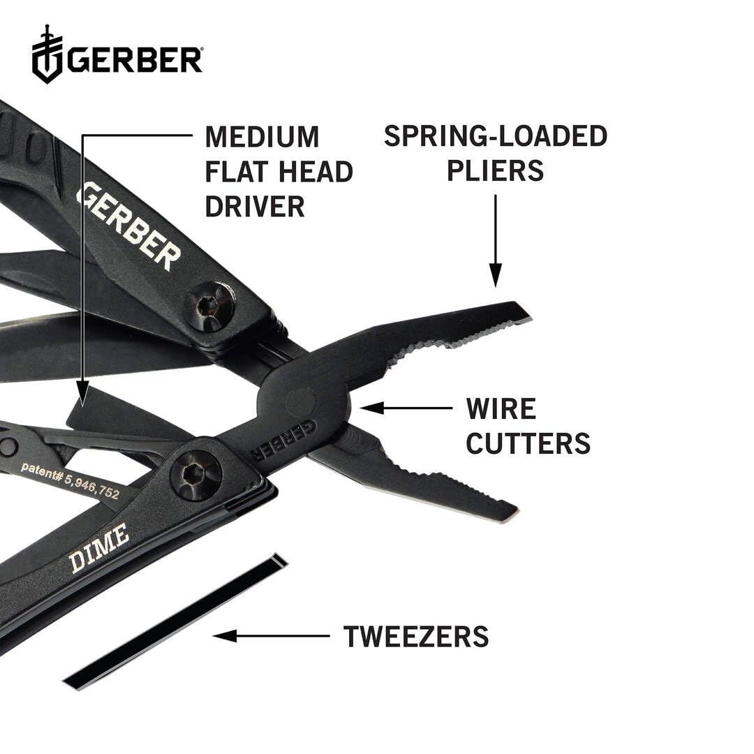 Gerber Gear Dime 12-in-1 Mini EDC Multitool with Needle Nose Pliers, Pocket Knife & Bottle Opener - Compact Keychain Multitool for Men - Perfect for Camping, Hiking & Everyday Carry (Black)