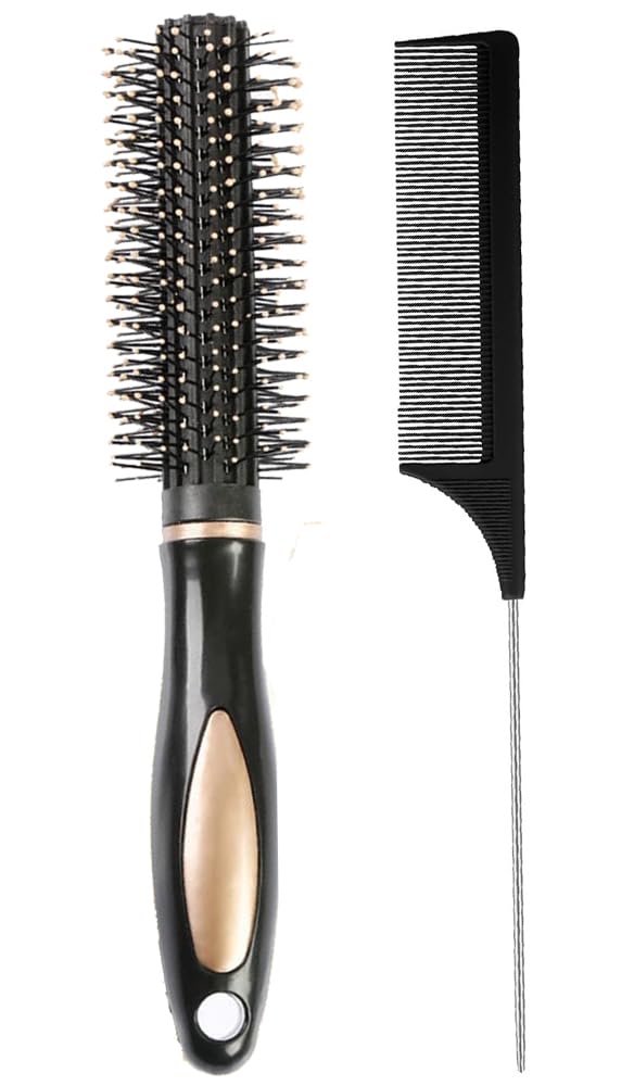 Carbon Fiber Tail Comb & Hair Roller Brush Set - Detangling Pintail Comb & Round Styling Brush for Men & Women - Perfect for Salon, Home Hairstyling & Curling - Black