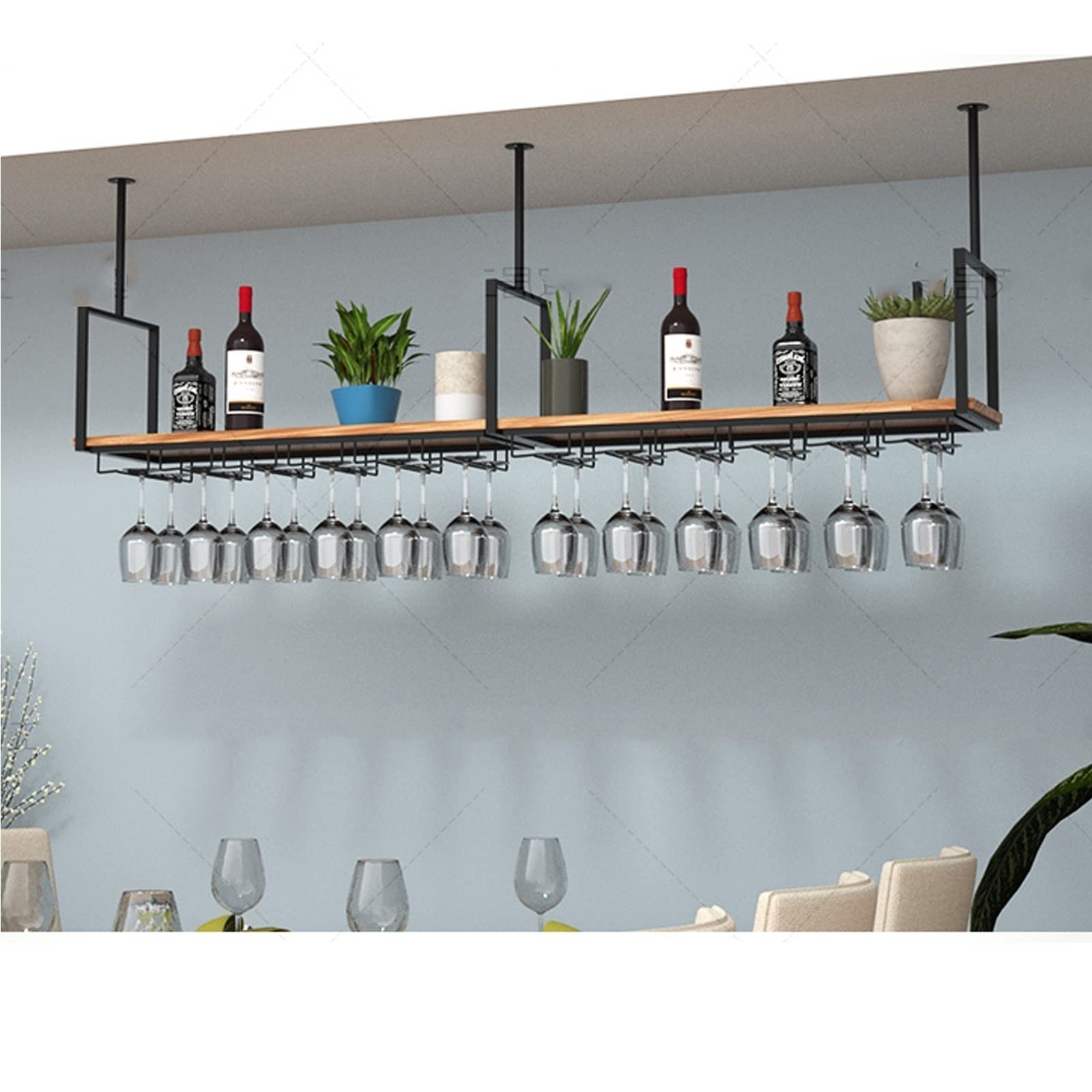 Floating Ceiling Wine Rack - Hanging Shelf for Wine Glasses & Bottles Storage | Solid Wood & Wrought Iron Kitchen Organizer | European Retro Style Plant Stand | Perfect for Kitchen, Bar, Restaurant & Home Decor