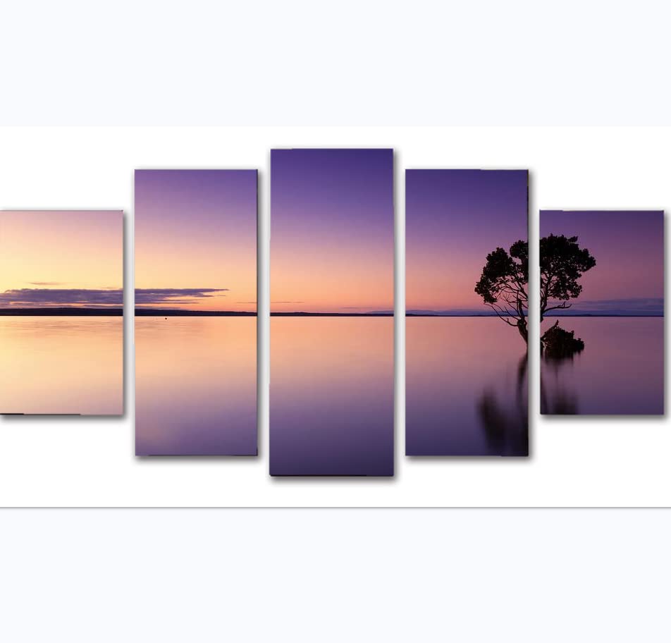 5 Panels Canvas Print Wall Art - Sunset Tree Water Silhouette Dusk Landscape Painting for Living Room, Bedroom Decor (40x20 Inches, Unframed) | Perfect for Home, Office & Gift Giving