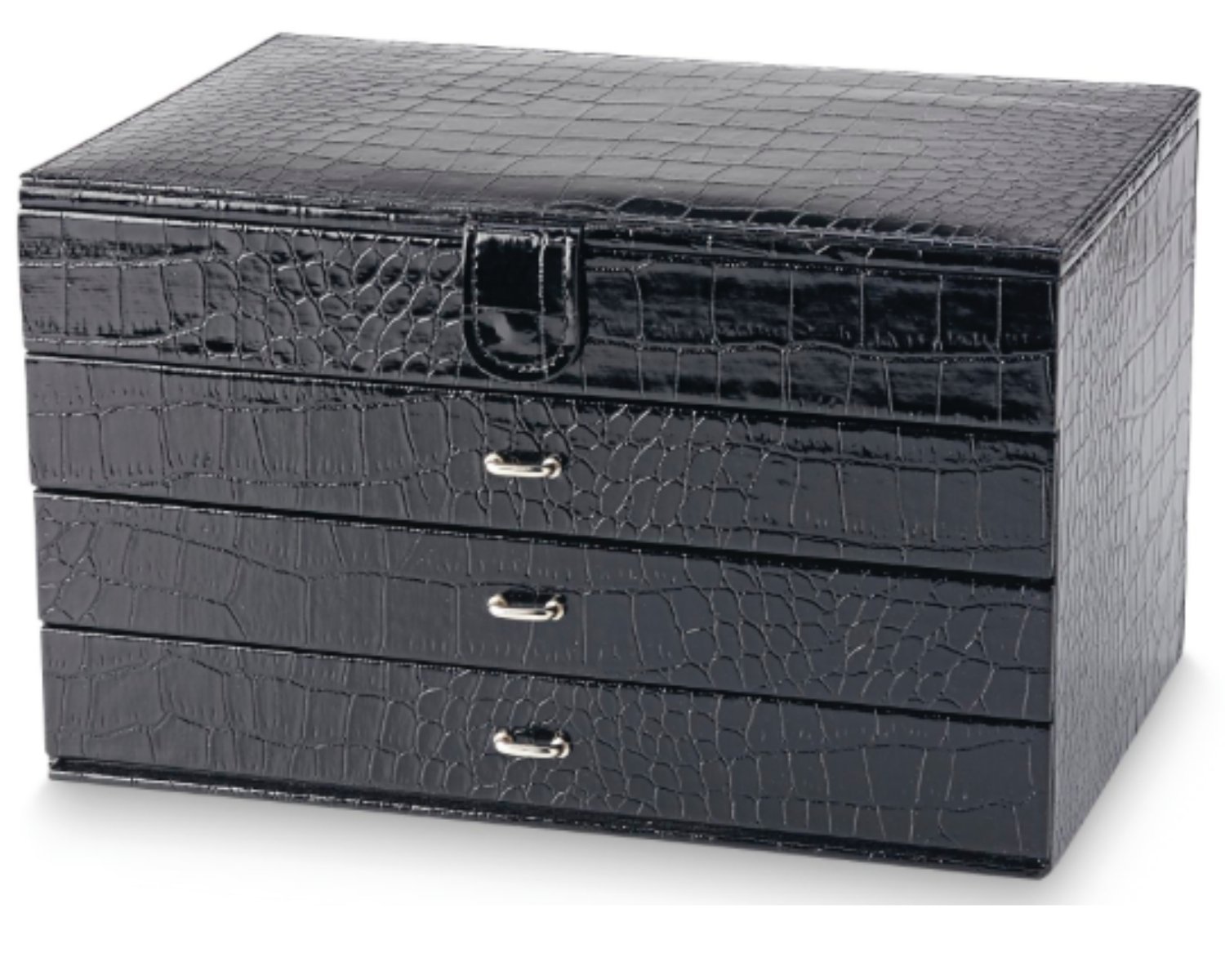Jaclyn Smith 3-Drawer Jewelry Organizer Box - Faux Crocodile Embossed Design for Necklaces, Rings & Earrings | Perfect for Bedroom Vanity, Dresser & Travel Storage