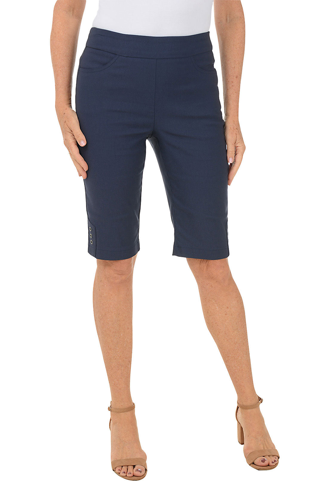 Women's Petite Triple Grommet Hem Bermuda Shorts - Casual Summer Stretch Denim Shorts for Beach, Travel & Everyday Wear