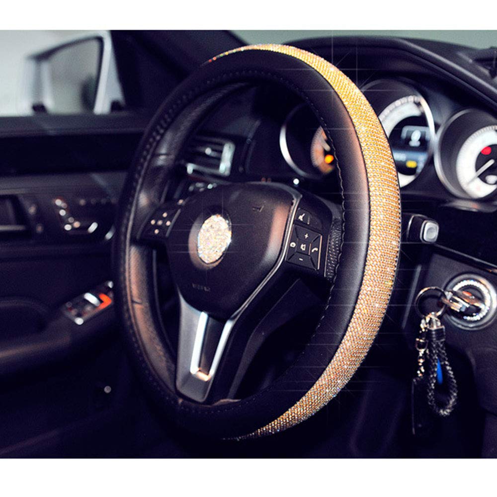 Stylish Crown Diamond Rhinestone Bling PU Leather Steering Wheel Cover 38cm - Extra Large Black & Gold for Women & Girls | Luxury Car Accessories for Parties, Weddings & Special Events