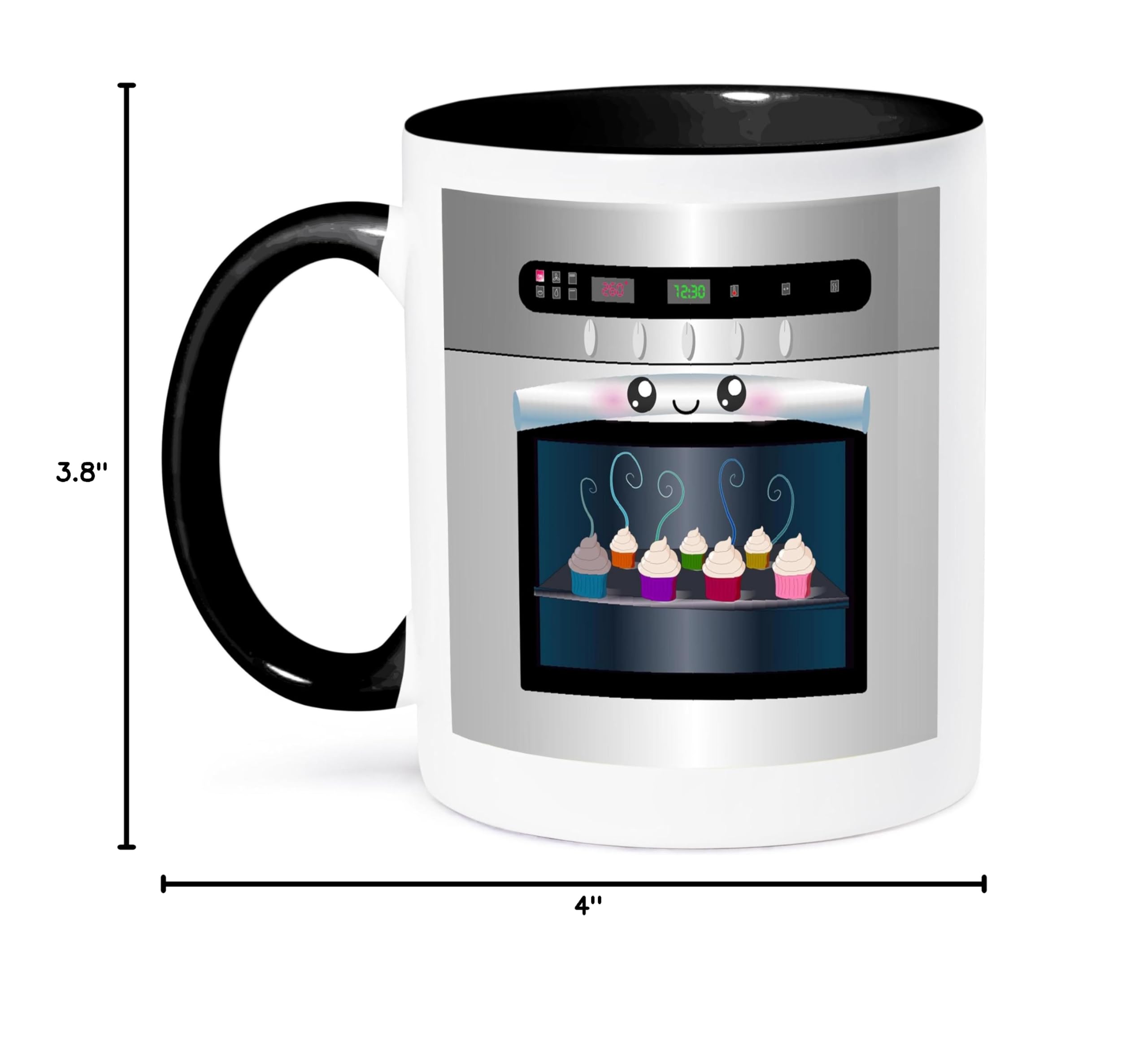 3dRose Two Tone Black Mug 11 oz - Cute Kawaii Happy Smiling Oven with Baking Cupcakes Design, Perfect Gift for Chefs, Foodies & Cooking Fans - Ideal for Coffee, Tea & Hot Chocolate at Home or Office