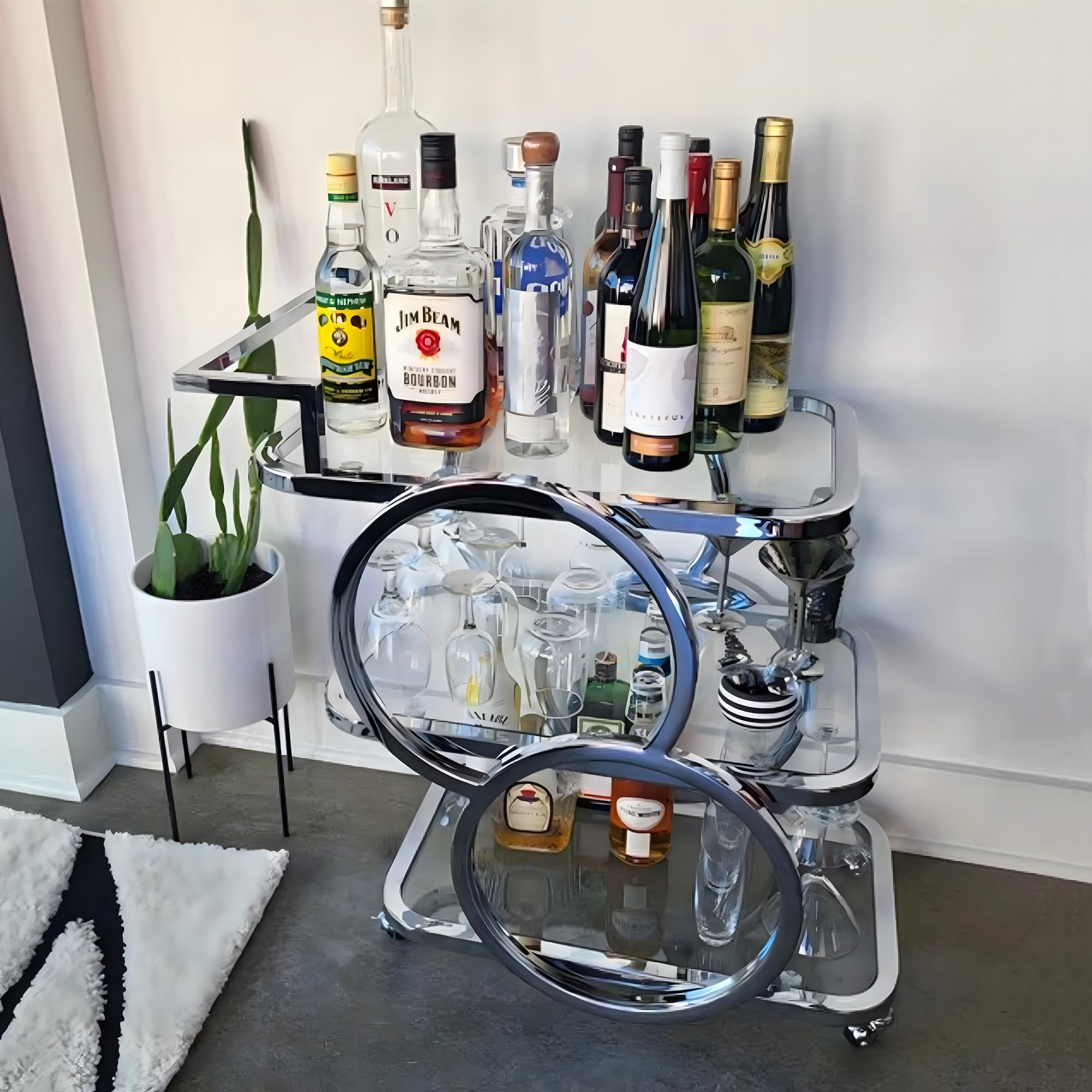 3-Tier Rolling Bar Cart with Wheels - Chrome Mobile Kitchen Serving Cart for Home, Dining Room & Living Room - Perfect for Parties, Entertaining & Beverage Storage