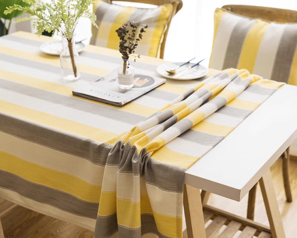 Yellow Stripe Cotton & Linen Tablecloth - Modern Rectangular Kitchen Table Cover for Dining Room & Oval Tables | Waterproof & Washable for Everyday Use & Special Occasions