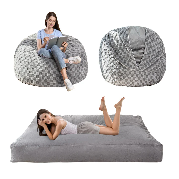 MAXYOYO Jacquard Shaggy Plush Bean Bag Chair with Pouf Set - Space Saving Combo for Living Room, Dorm, Bedroom & Game Room - Soft Bean Bag Bed & Footstool Bundle for Relaxing, Lounging & Gaming