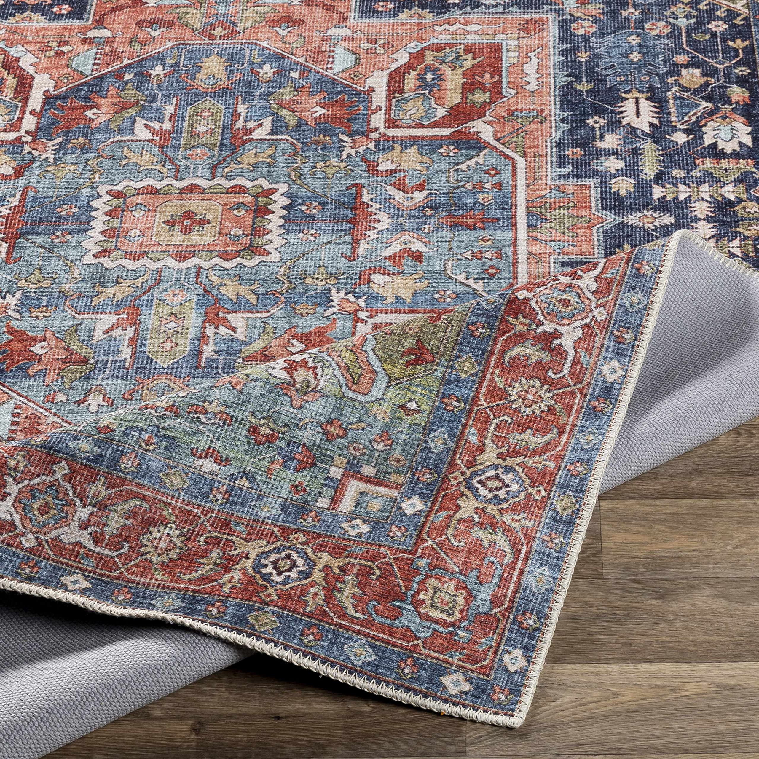 Hauteloom Exira Washable Runner Rug for Hallway & Kitchen - Traditional Design in Blue, Brick Red, Camel - 2'7