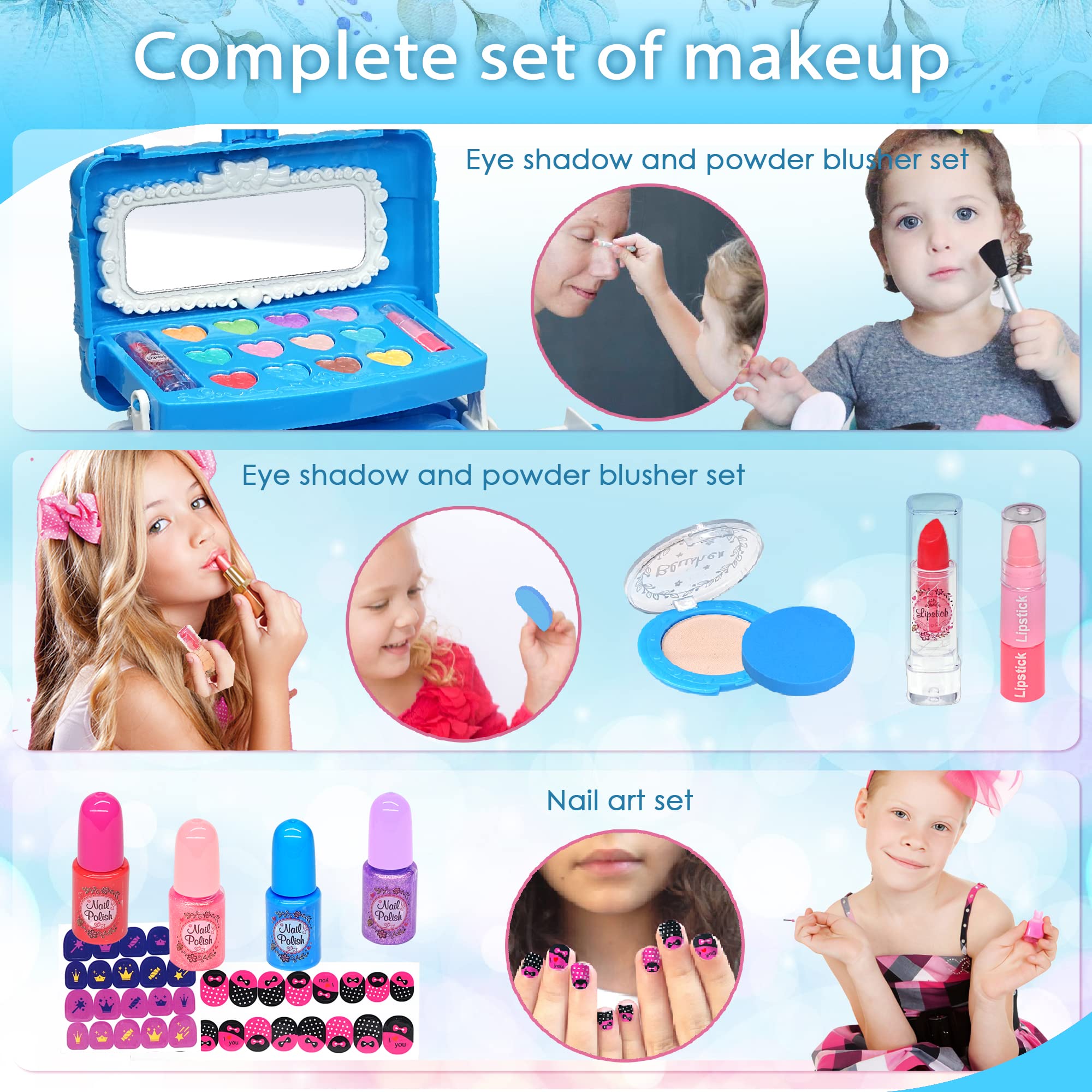 **Safe & Washable Kids Makeup Kit for Girls Ages 5-7 - Princess Birthday Gift Set with Real Cosmetic Toys (Blue) | Perfect for Dress-Up, Pretend Play & Birthday Parties**