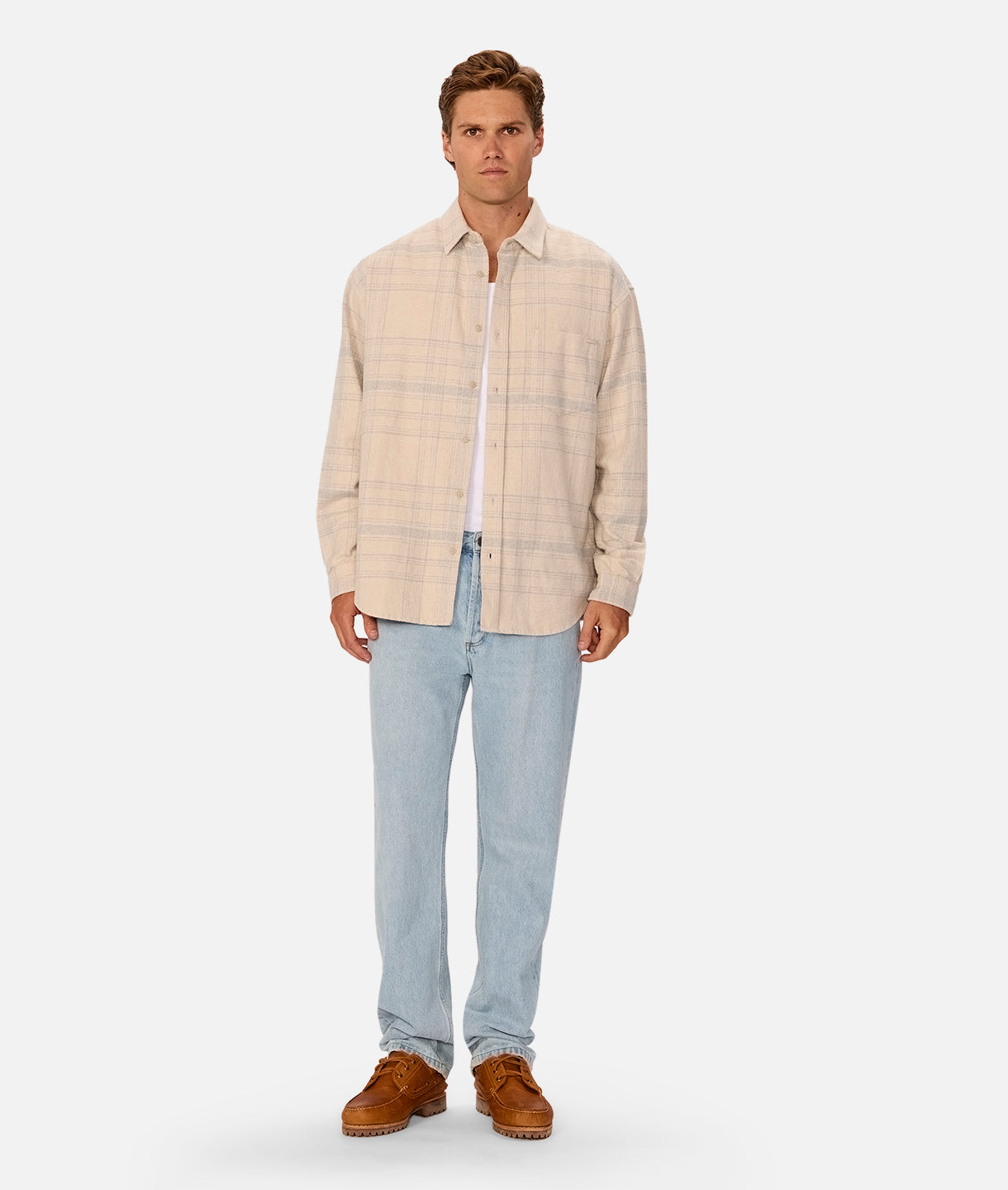 Premium Maplewood Long Sleeve Shirt for Men - Soft Cotton Crewneck Top in Cream & Grey - Perfect for Casual Wear, Office & Outdoor Activities