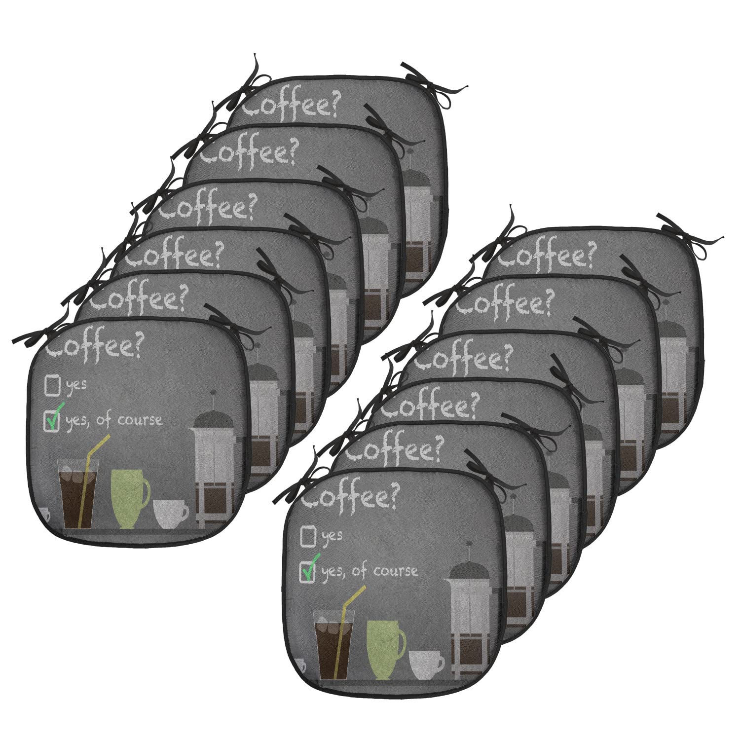 Lunarable 16x16 Inch Anti-Slip Coffee Chair Cushion Set of 12 - Brown & Grey Cafe Style Seat Pads with Iced Beverage Design for Kitchen, Dining Room & Patio Furniture - Perfect for Coffee Shops, Restaurants and Home Decor