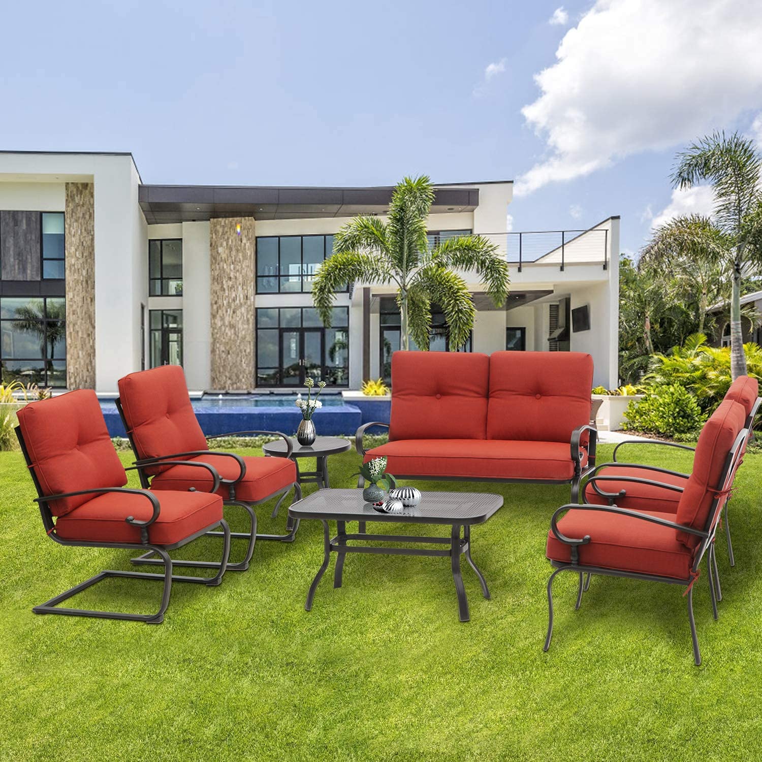 SOLAURA 7-Piece Outdoor Metal Patio Furniture Set - 2 Spring Chairs, 2 Patio Chairs, Loveseat with Coffee Table & Side Table - Weather-Resistant Red Conversation Set for Garden, Backyard & Poolside Relaxation