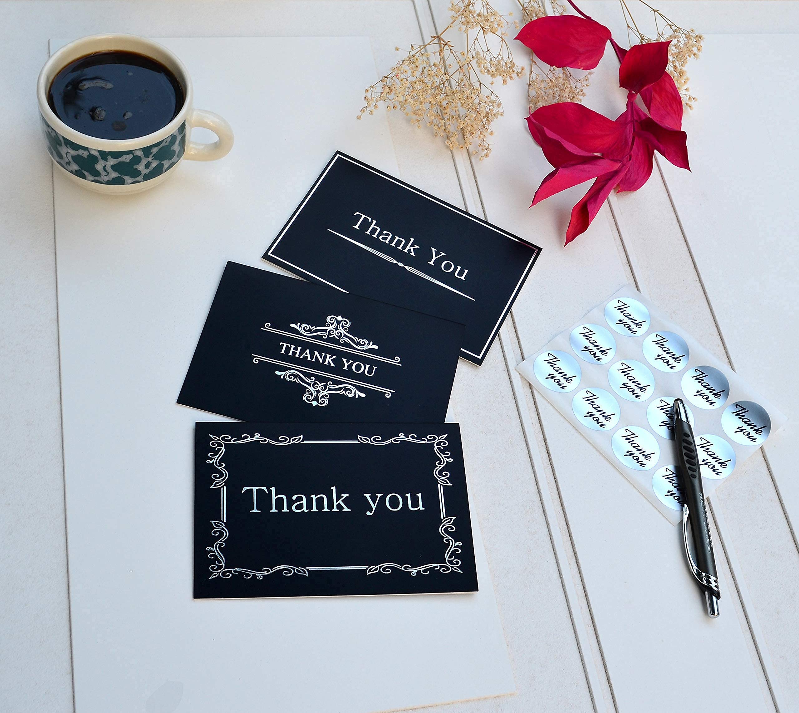 120 Premium Black Thank You Cards with Matching Envelopes & Sealing Stickers - 6 Elegant Embossed Silver Foil Designs on Thick 4x6