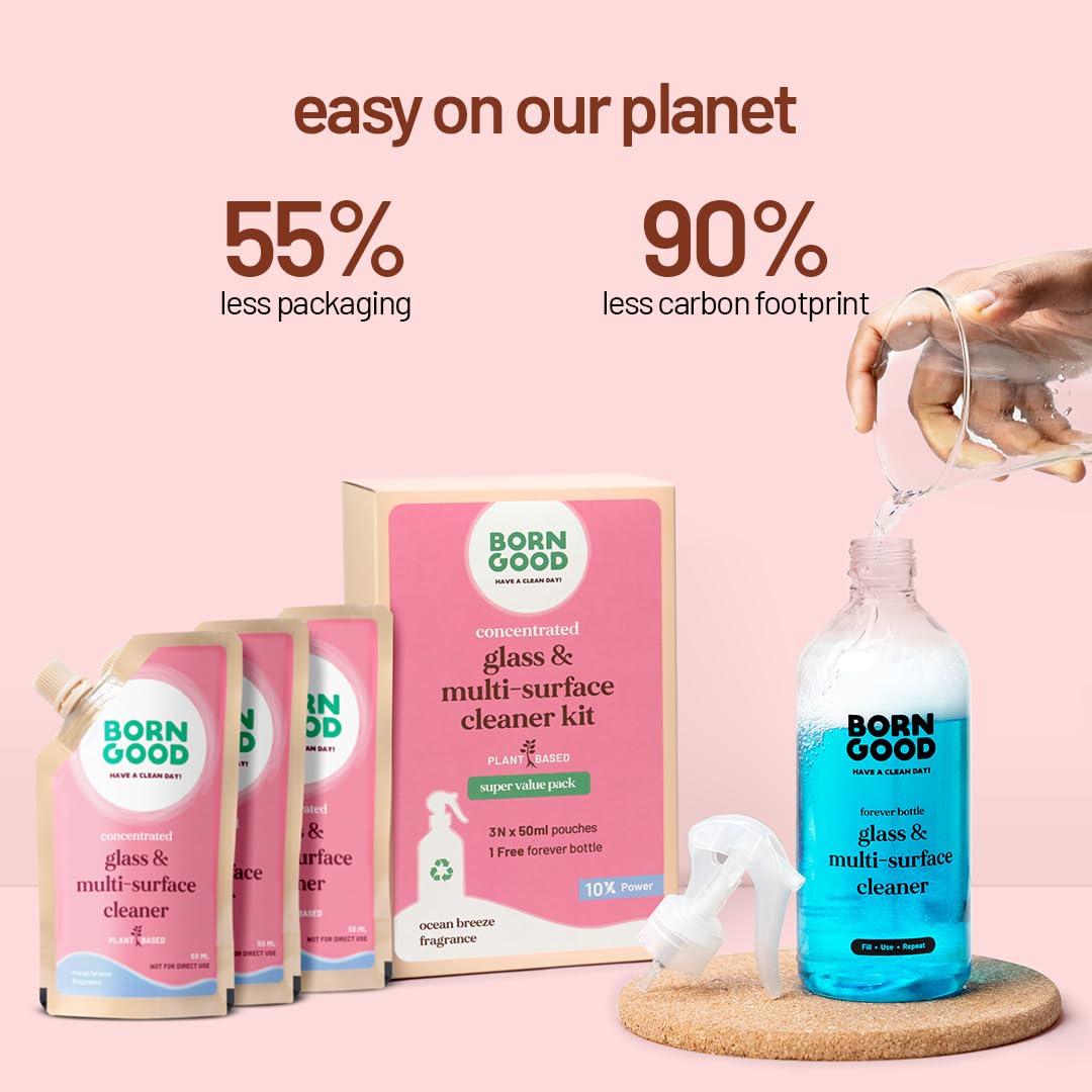 Born Good Glass & Multi-Surface Cleaner Concentrate 1.5L (50.7oz) Refill Bottle | 1 Pouch Makes 500ml (16.9oz) | Safe for Glass, Metal, Wood, Ceramic, Marble | Non-Toxic, Hypoallergenic | Perfect for Windows, Mirrors, Countertops & Household Cleaning