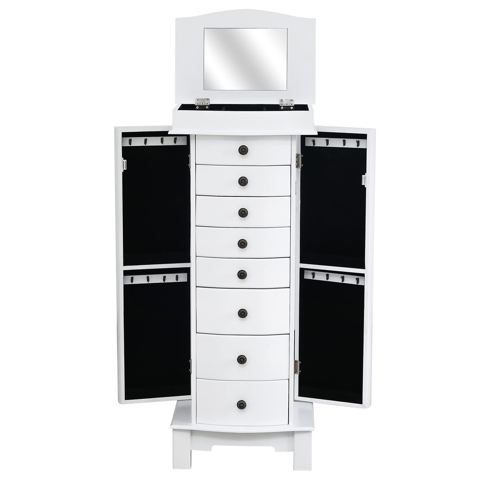 White Jewelry Armoire with Full-Length Mirror - 8 Spacious Drawers & 16 Necklace Hooks - 2 Side Swing Doors - Perfect for Bedroom, Closet & Dressing Room Organization
