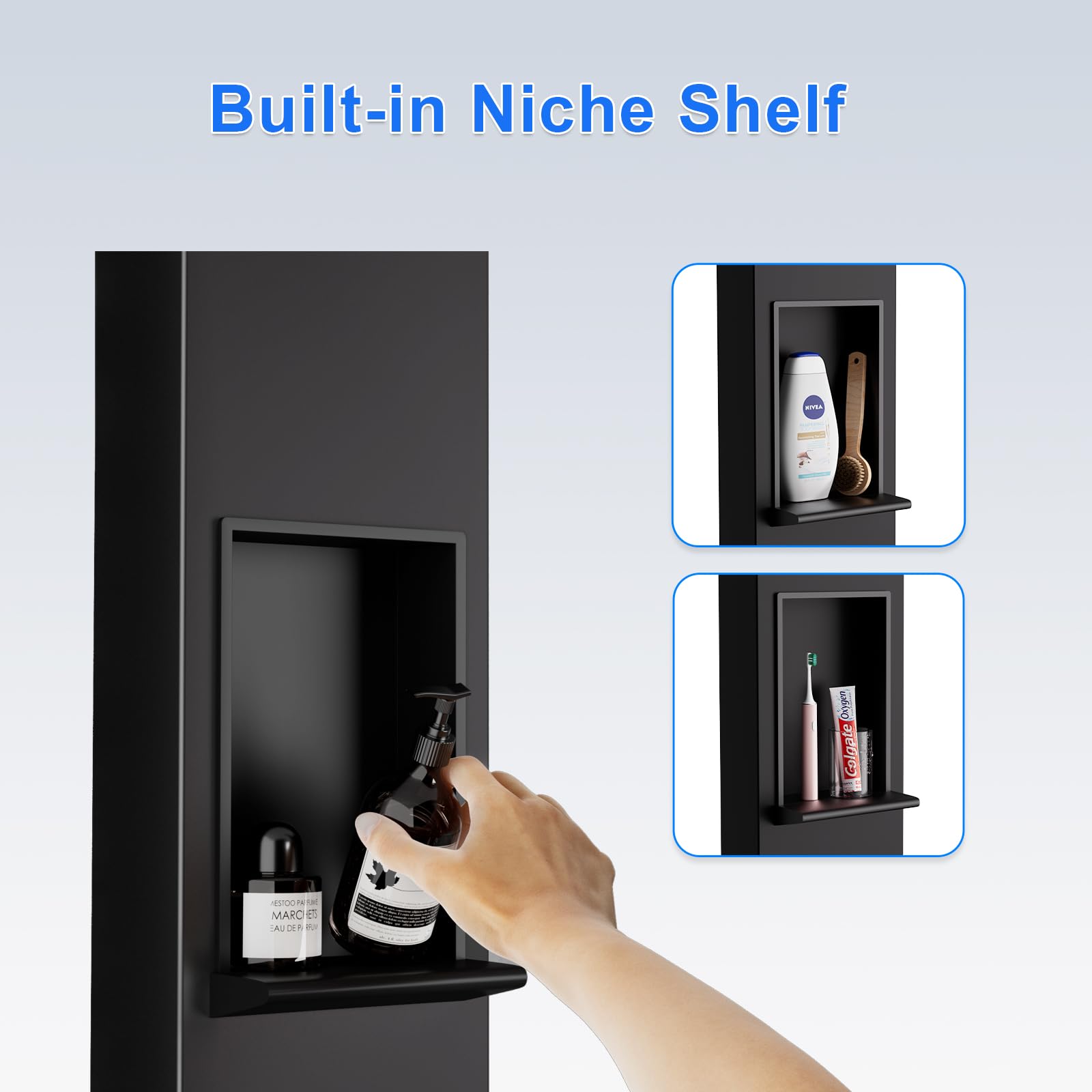 Premium Stainless Steel Shower Panel Tower System with Adjustable Height Rainfall Shower Head, 6 Body Massage Jets & Built-in Shelf - Modern Black Bathroom Shower Column for Spa-like Relaxation (Perfect for Master Bathrooms, Luxury Home Renovations & Hotel Style Showers)