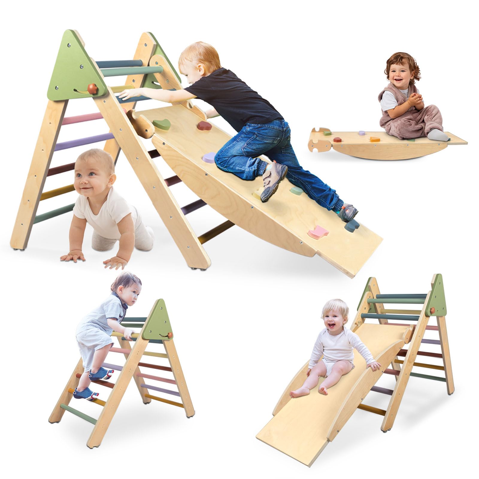 **LOL-FUN 4-in-1 Pikler Triangle Climber Set with Ramp & Slide – Large Foldable Wooden Toddler Climbing Toy for Indoor Play – Montessori Toys for Kids 1-3 Years – Perfect for Home, Nursery & Playroom**